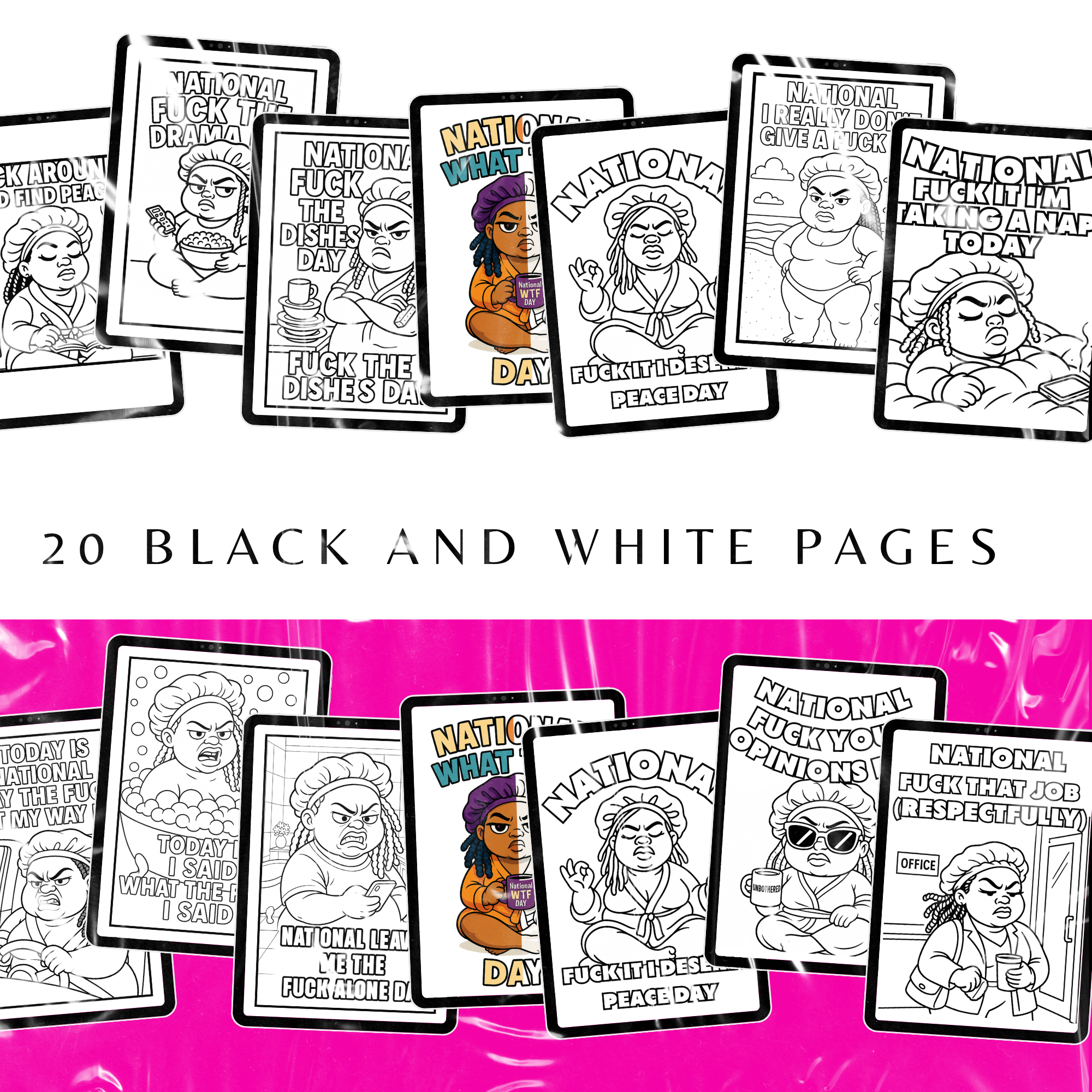 Coloring book pages with black and white illustrations on a pink background