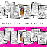 Coloring book pages with black and white illustrations on a pink background