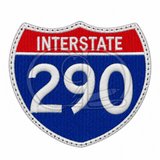 An embroidered Interstate 290 shield patch with a red top section, blue lower section, white border, and white stitched text reading 'INTERSTATE 290' on a plain white background.