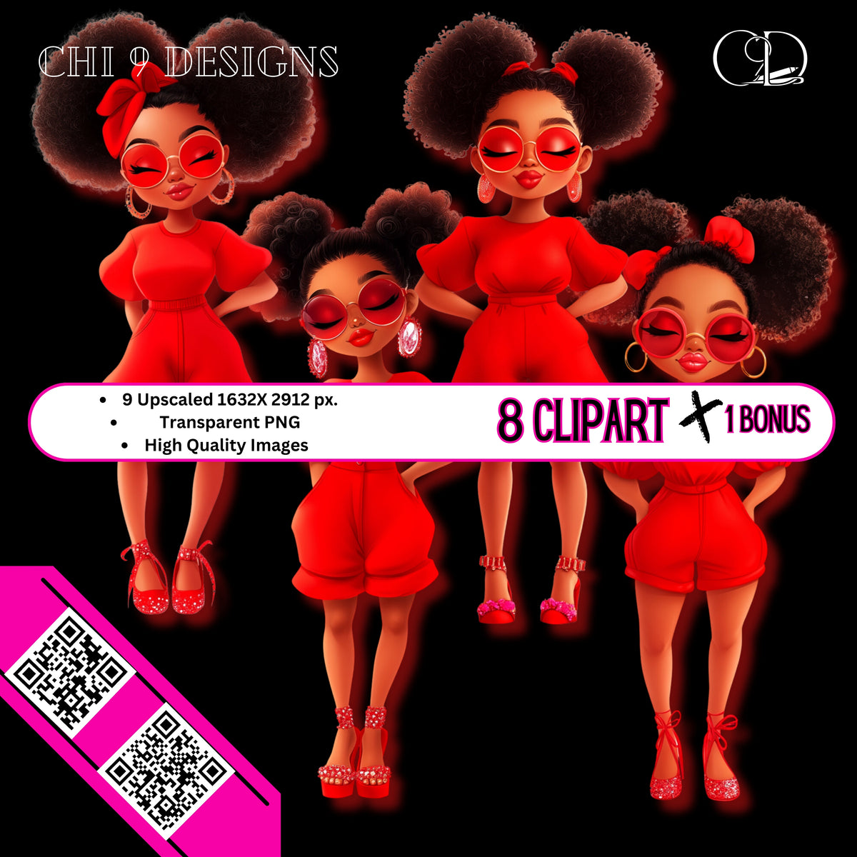 African American Chibi Clipart Bundle - Stylish Black Women in Red Outfits (9 PNGs)