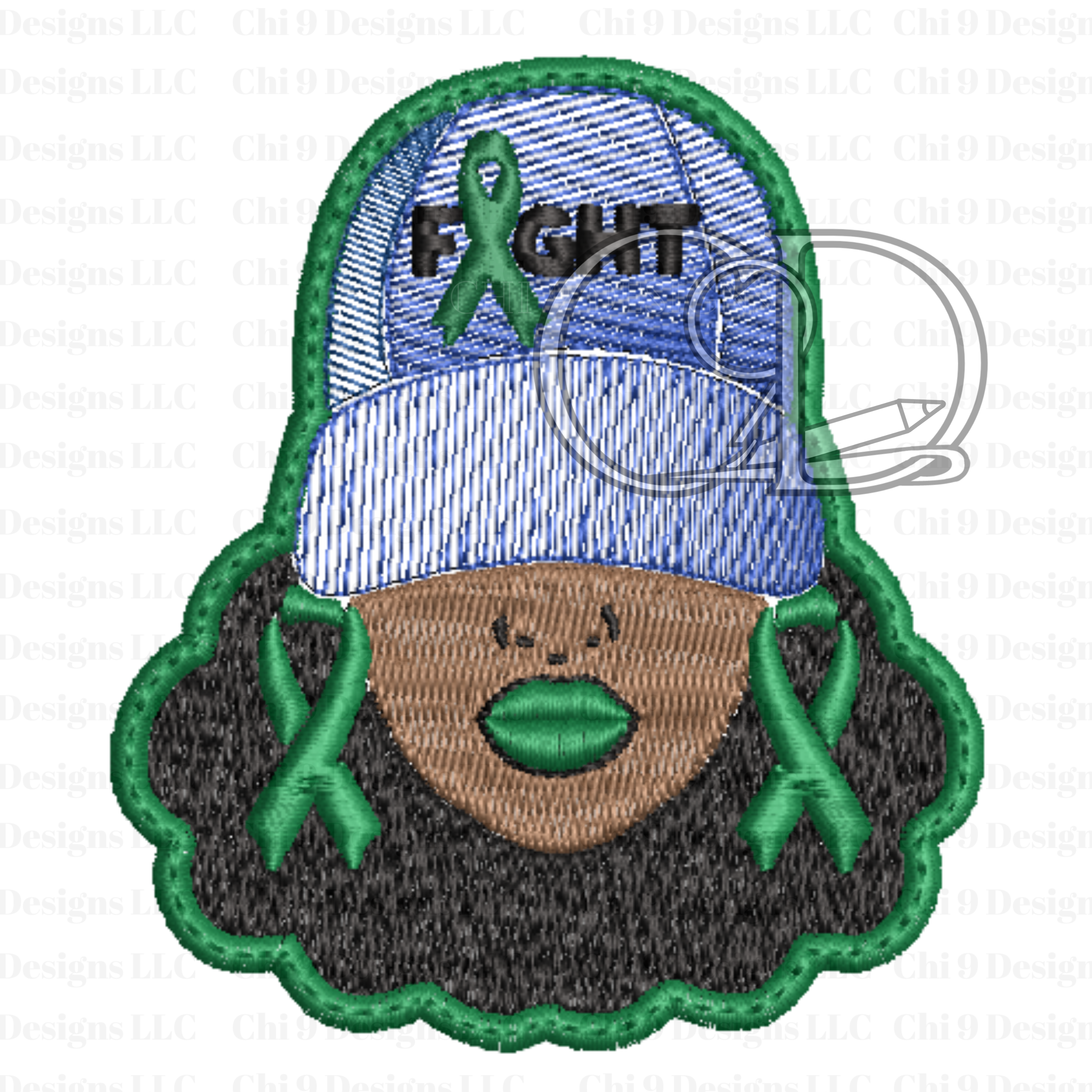 Embroidered patch with a face wearing a cap with 'FIGHT' text and green ribbons on a white background.