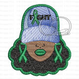 Embroidered patch with a face wearing a cap with 'FIGHT' text and green ribbons on a white background.
