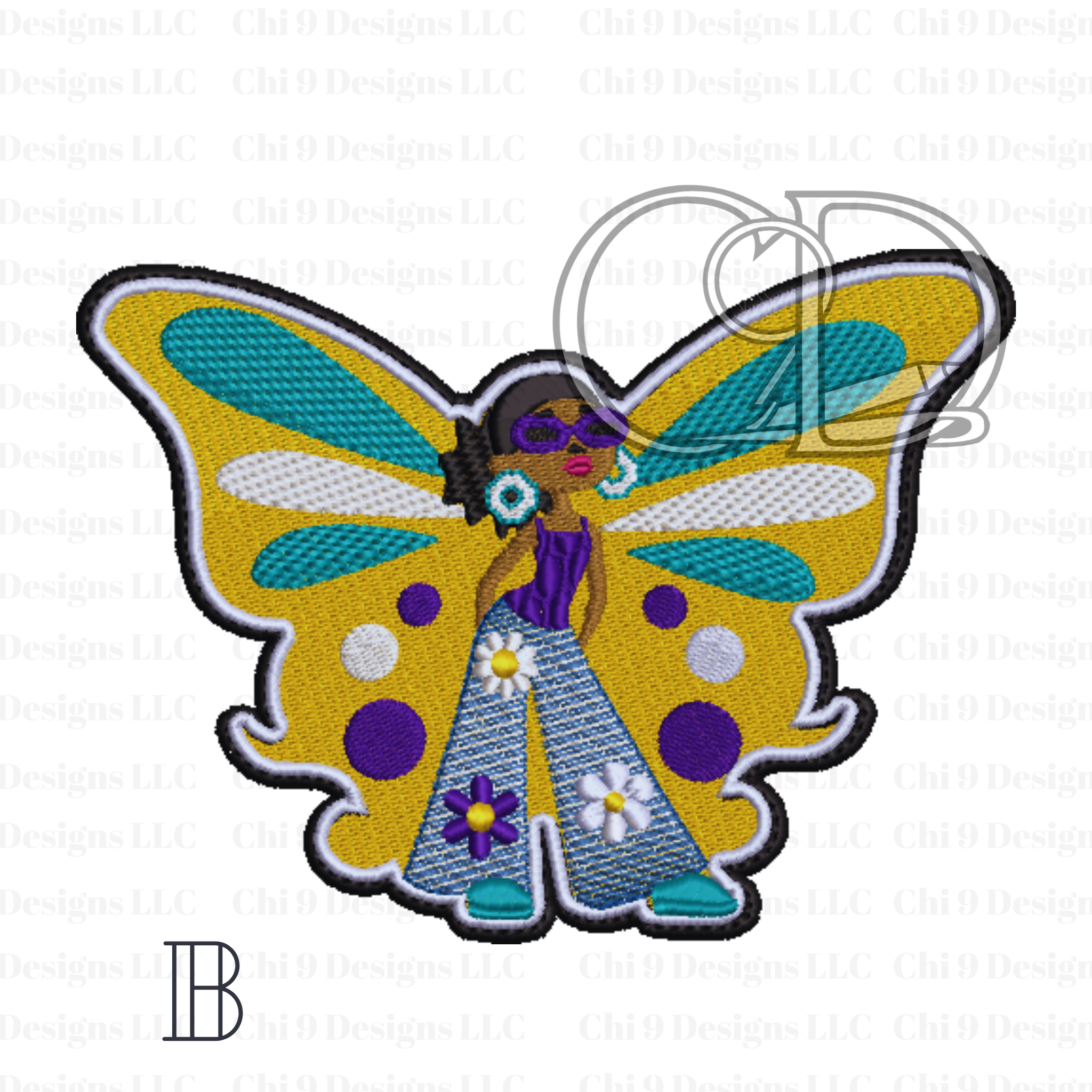 Embroidered patch of an African American woman with turquoise and gold butterfly wings, purple top, denim-style pants with floral details, and teal shoes, symbolizing empowerment and creativity.”
