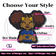 Diagram showing customization options for the Afro Puffs Girl embroidered patch, Style No. 1007, including skin shade, hair color, jewelry, and clothing