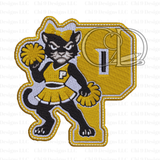 Embroidered patch with a panther mascot in a cheerleader outfit on a yellow 'P' background.