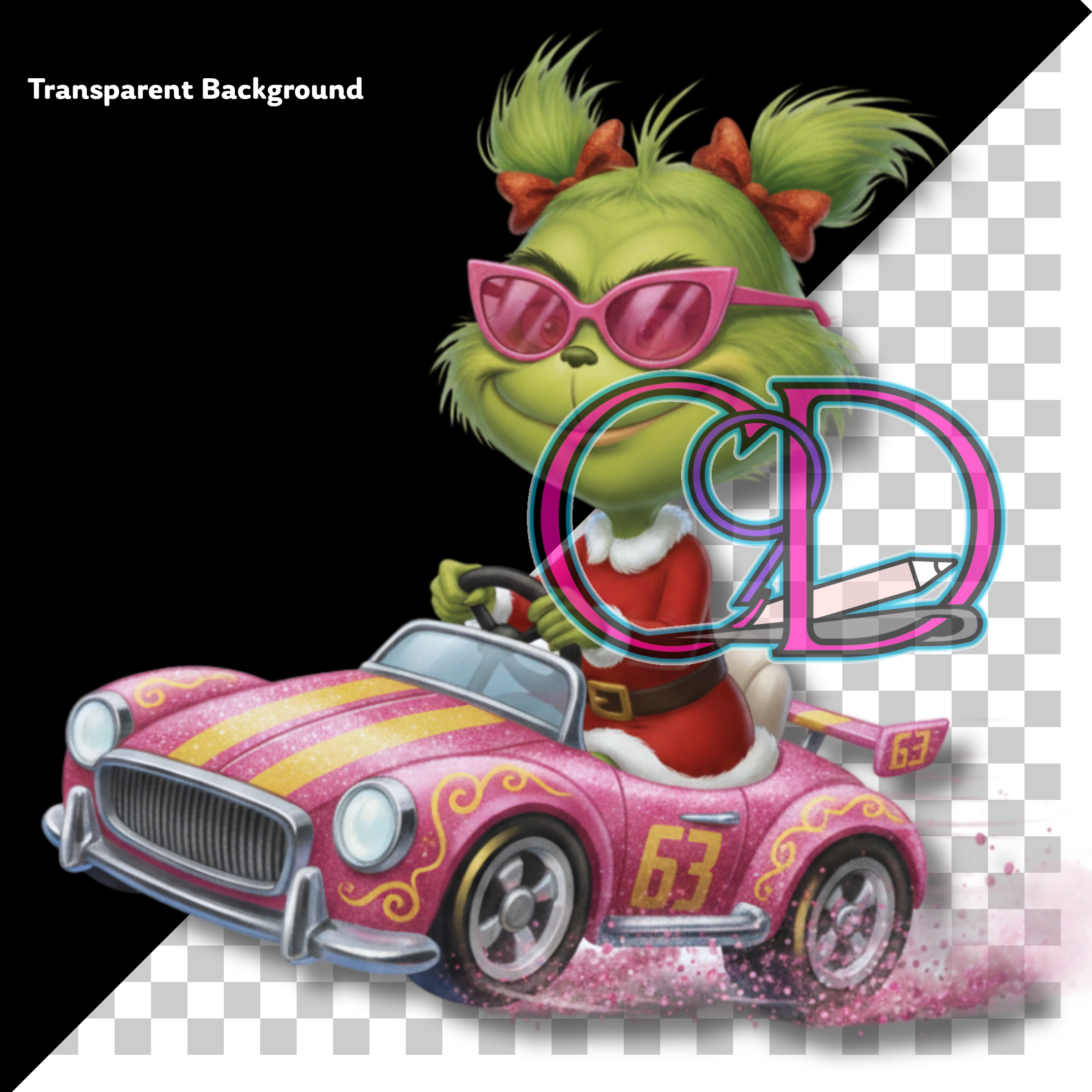 Cartoon character in a pink car with sunglasses and 'QD' initials on a transparent background