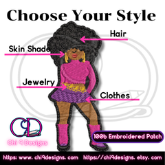 A single embroidered patch featuring a 70s-inspired African American disco diva in a pink top and purple skirt. The image highlights areas of customization, including hair, skin shade, jewelry, and clothes. The Chi 9 Designs branding is displayed at the bottom with website links