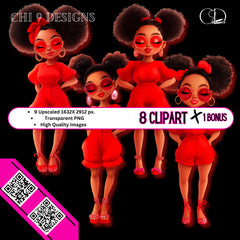 African American Chibi Clipart Bundle - Stylish Black Women in Red Outfits (9 PNGs)