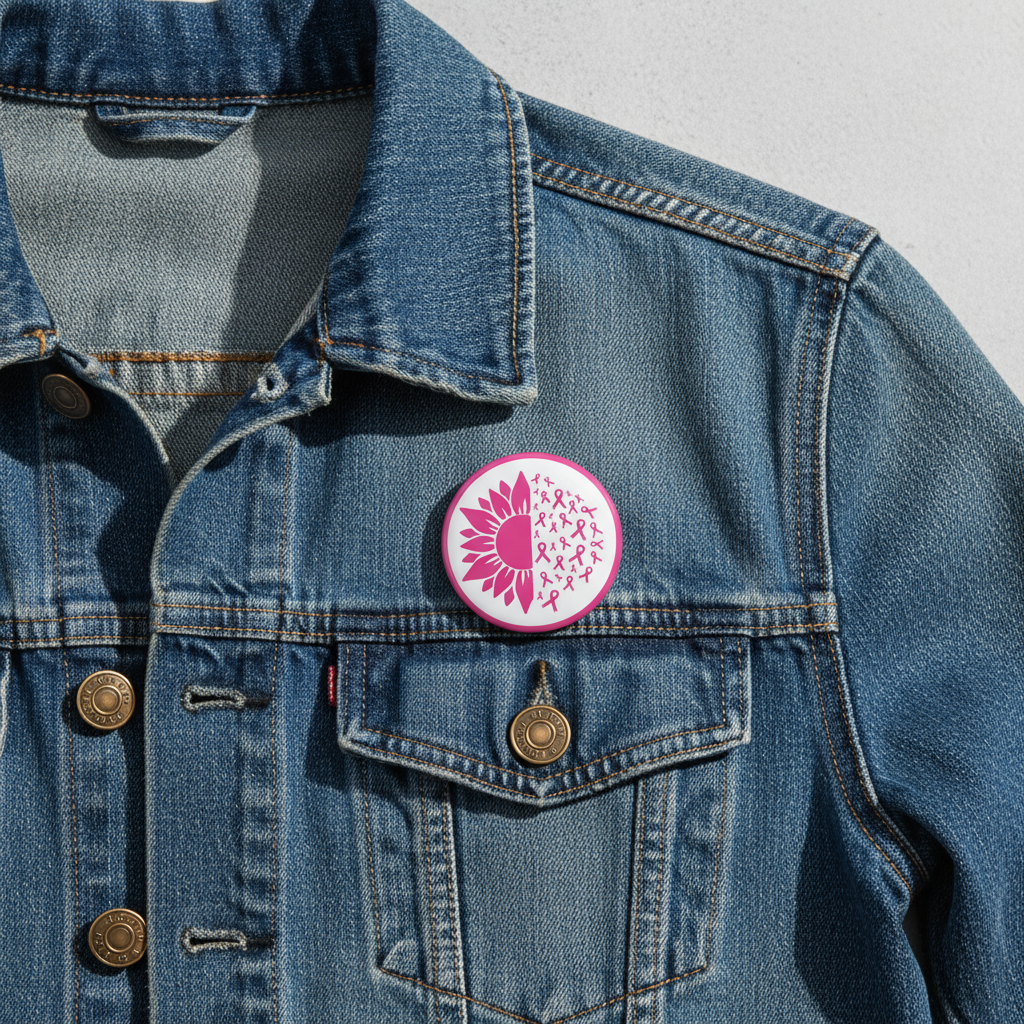 Button badge with pink sunflower and breast cancer awareness ribbons on a  jean jacket