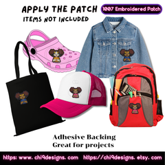 Mockup of the Afro Puffs Girl embroidered patch, Style No. 1007, applied to various items including a tote bag, hat, denim jacket, and backpack, showcasing its versatility.