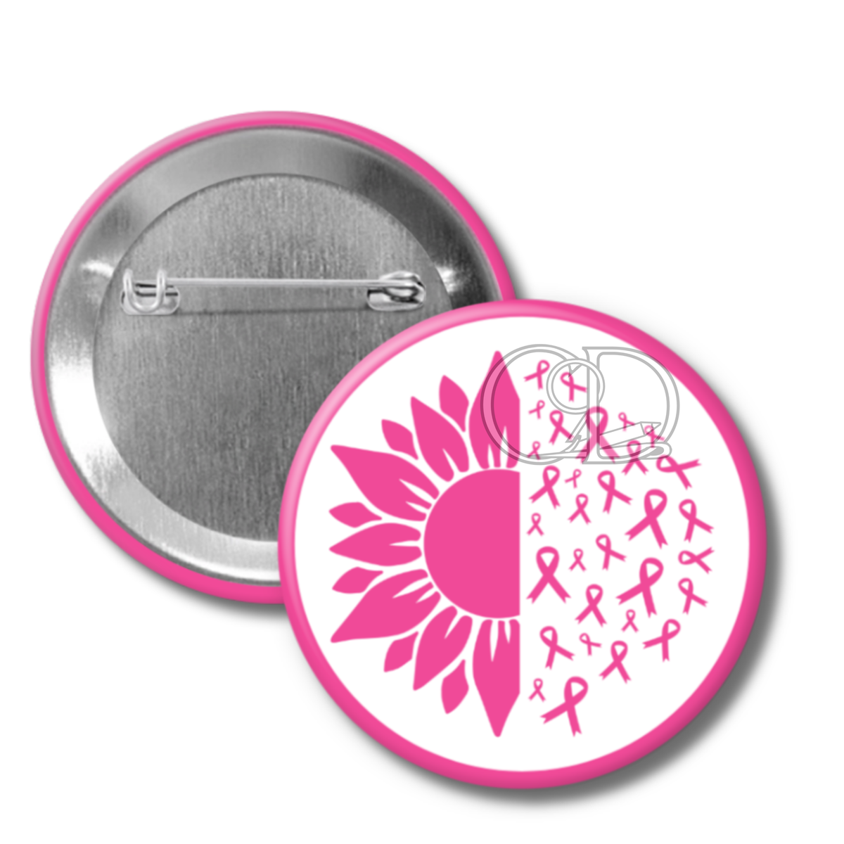 Button badge with pink sunflower and breast cancer awareness ribbons on a white background