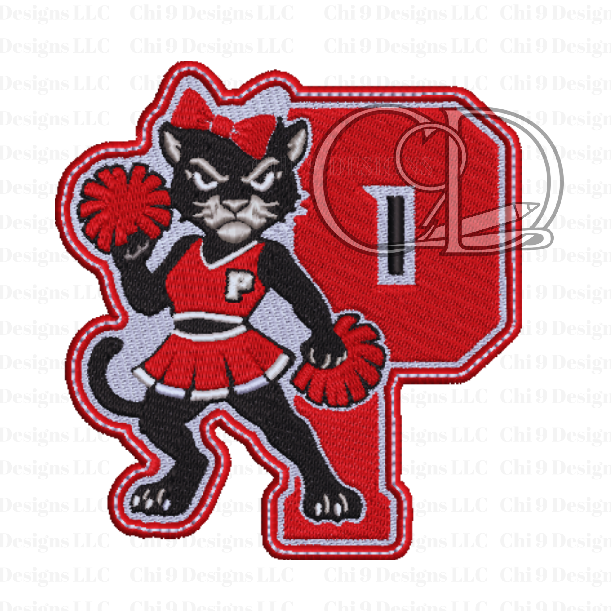 Black panther mascot in a red cheerleader outfit with pom-poms on a white background