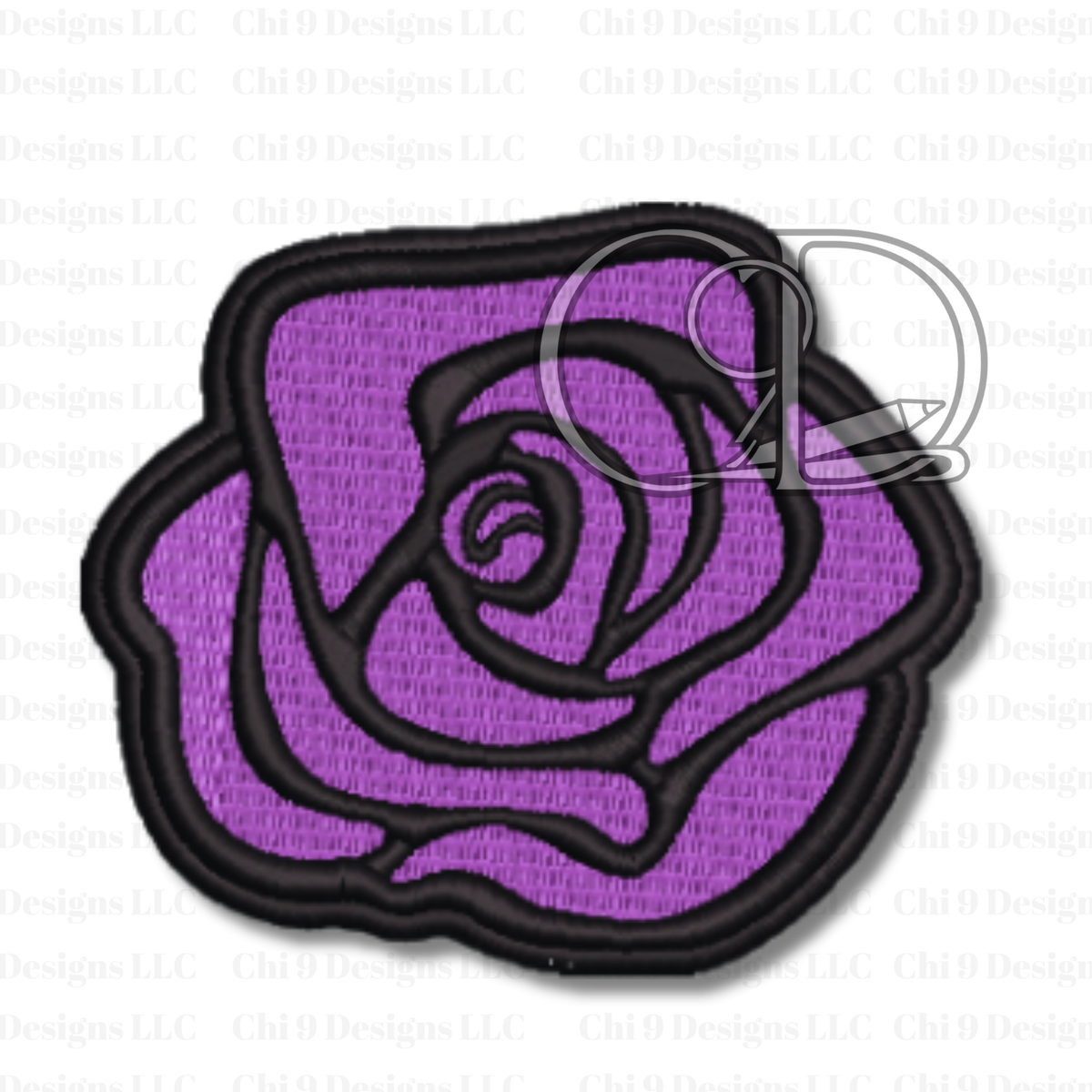 Purple rose-shaped patch with a black border on a white background