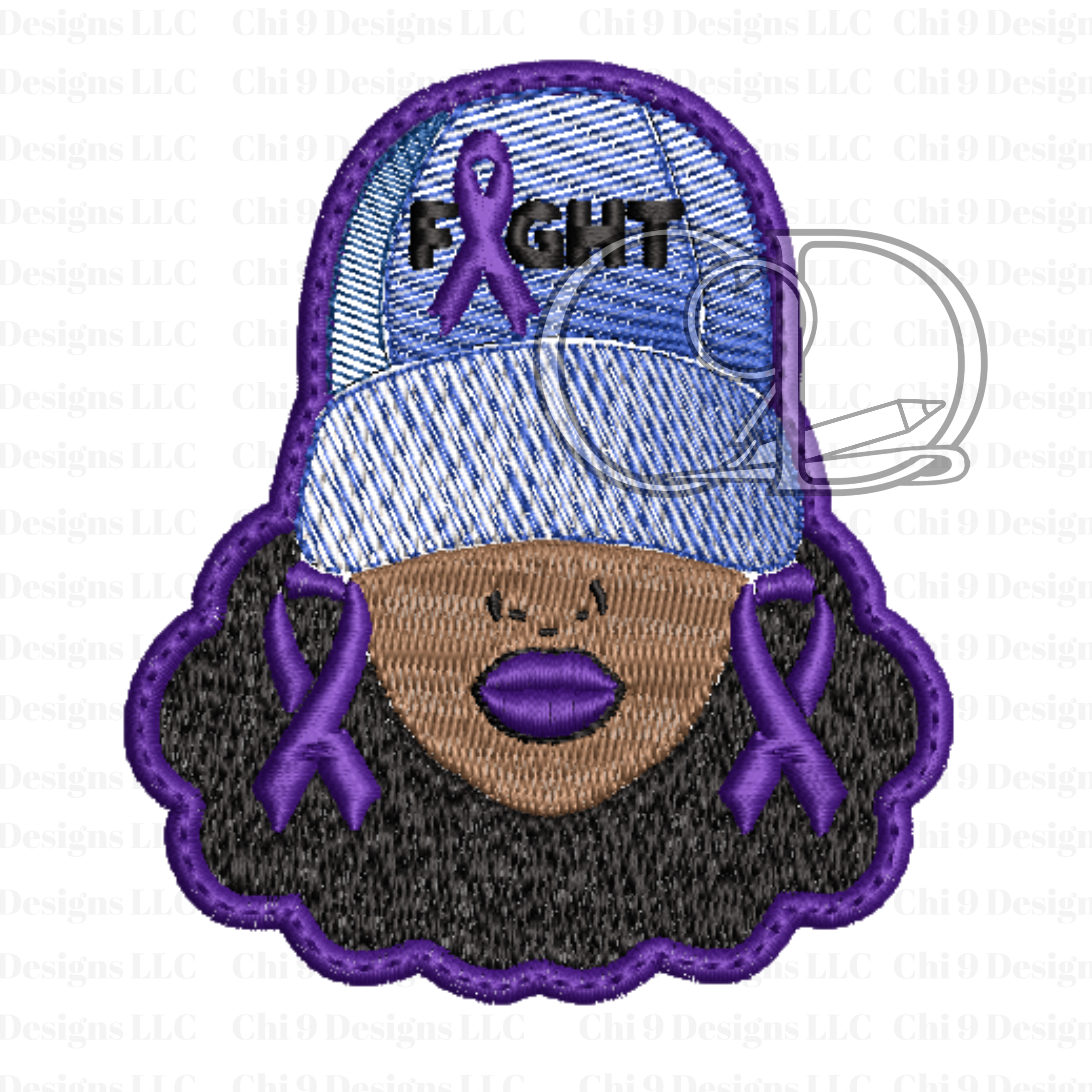 Embroidered patch of a person wearing a cap with 'FIGHT' and purple ribbons, on a white background.
