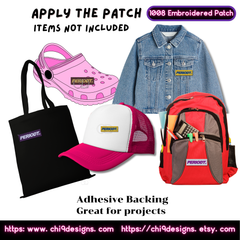 Mockup showing the versatility of the 'Periodt.' embroidered patch, Style No. 1009, applied to various items including a black tote bag, white and pink trucker hat, denim jacket, pink shoe, and a red backpack, showcasing different color combinations and applications.