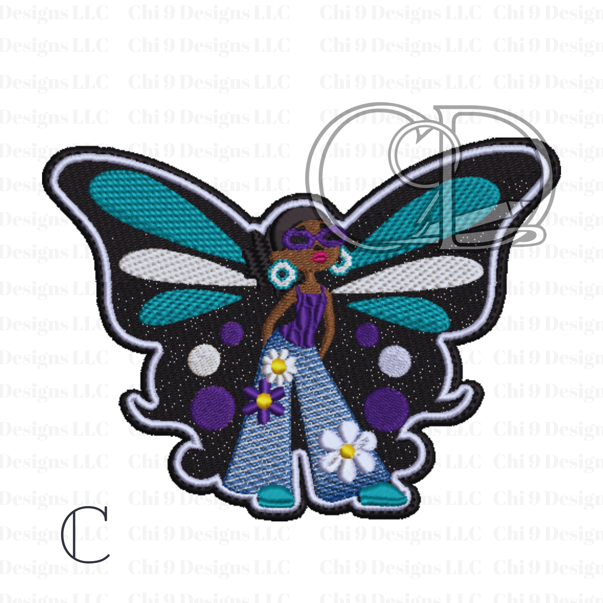 “Afro butterfly girl patch with black, teal, and purple wings, a confident woman in a purple top and denim bell bottoms with daisy embroidery, wearing teal shoes and hoop earrings.”