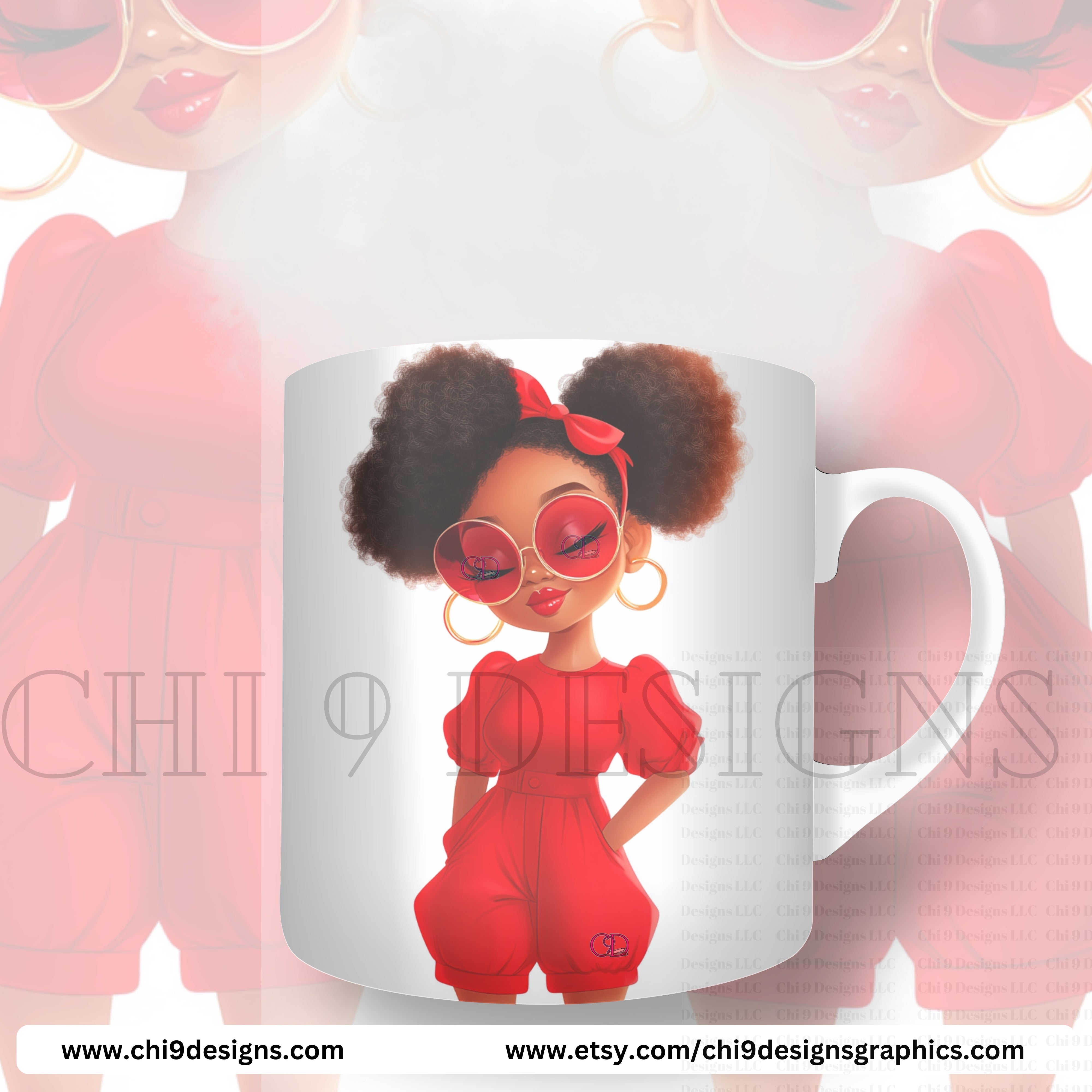 African American Chibi Clipart Bundle - Stylish Black Women in Red Outfits (9 PNGs)