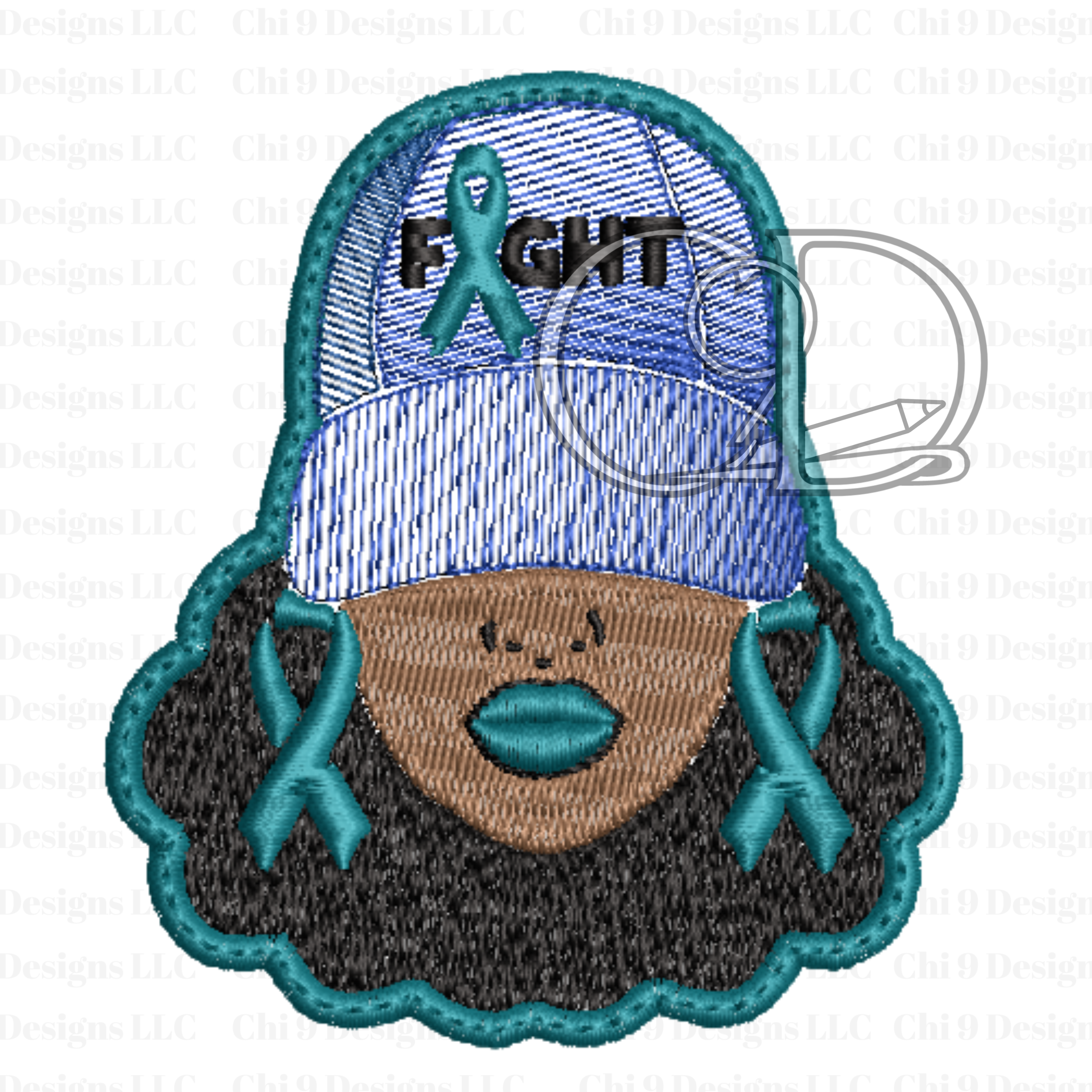 Embroidered patch with a face, dark hair, and teal ribbons on a white background