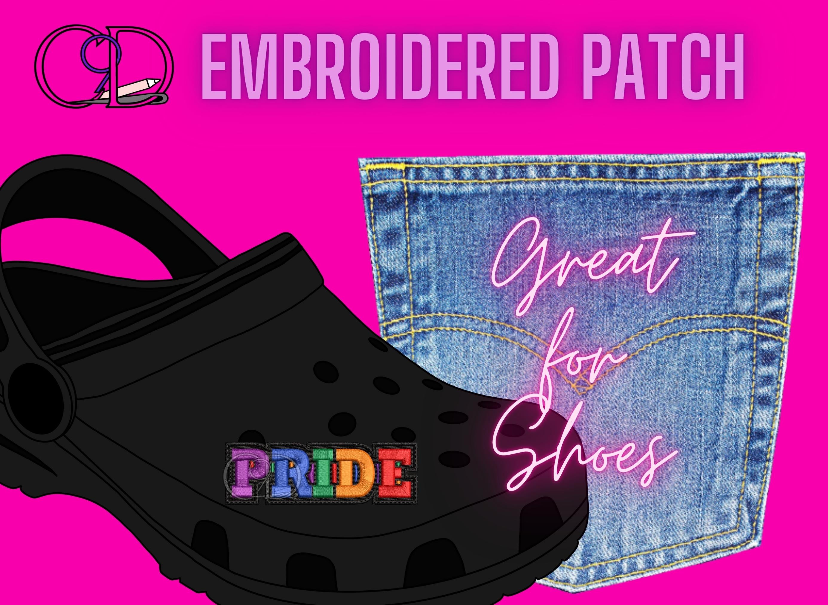 Adhere the pride patch to shoes. It makes a great decorative addition to thematic items.