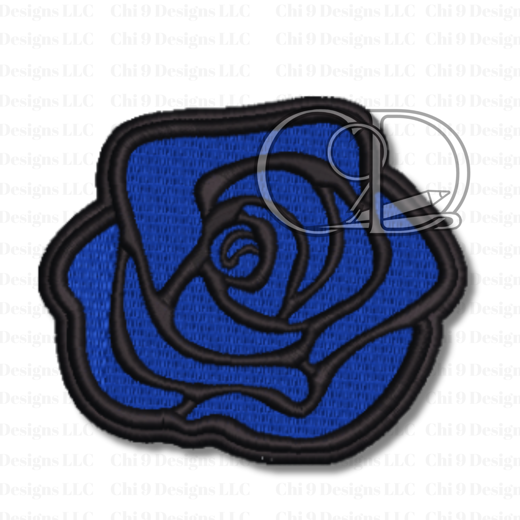 Blue rose patch with a metal clasp on a white background