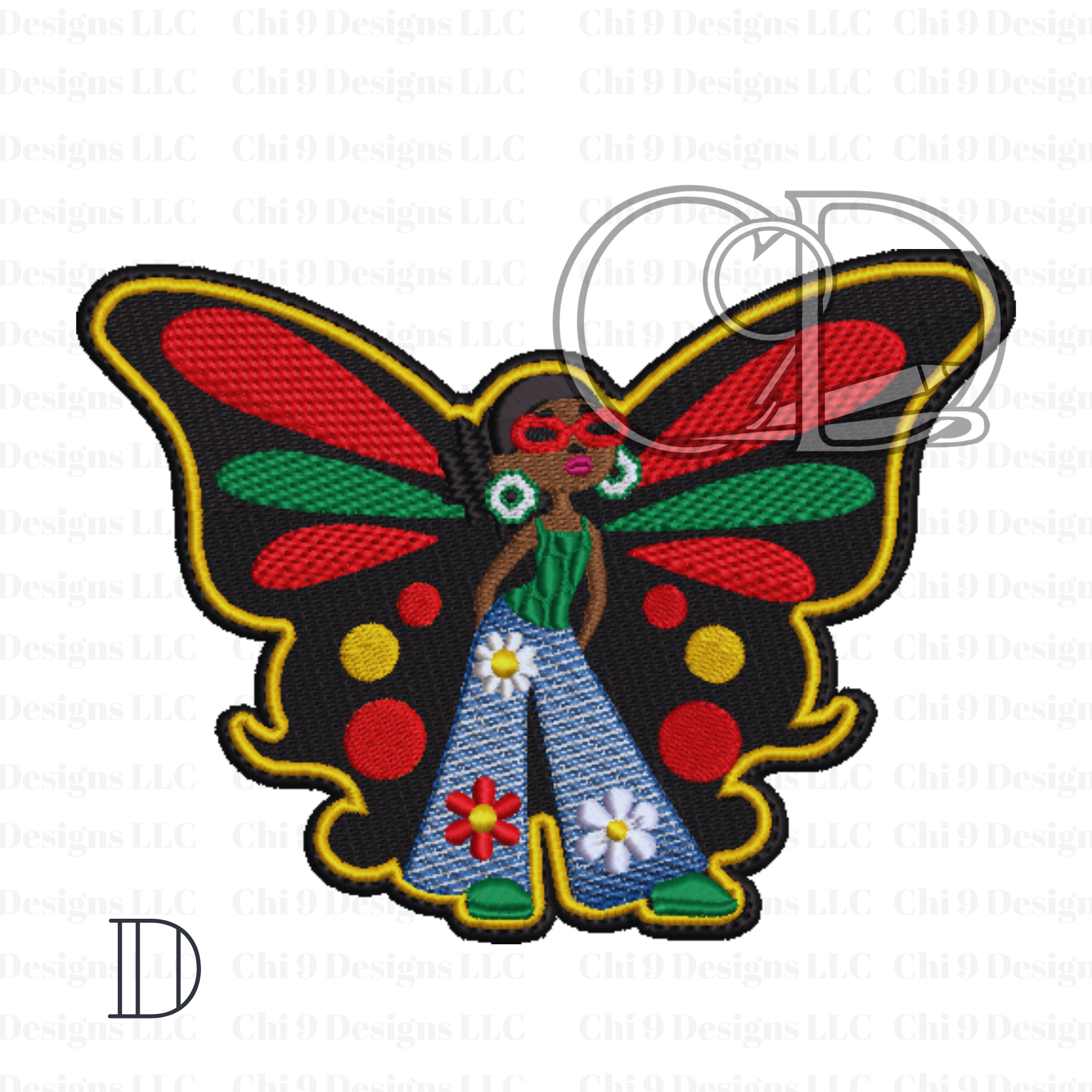 “Pan-African inspired butterfly patch of a stylish woman with red, green, and gold wings, green top, denim bell bottoms with flowers, and red sunglasses — celebrating Black culture and pride.”