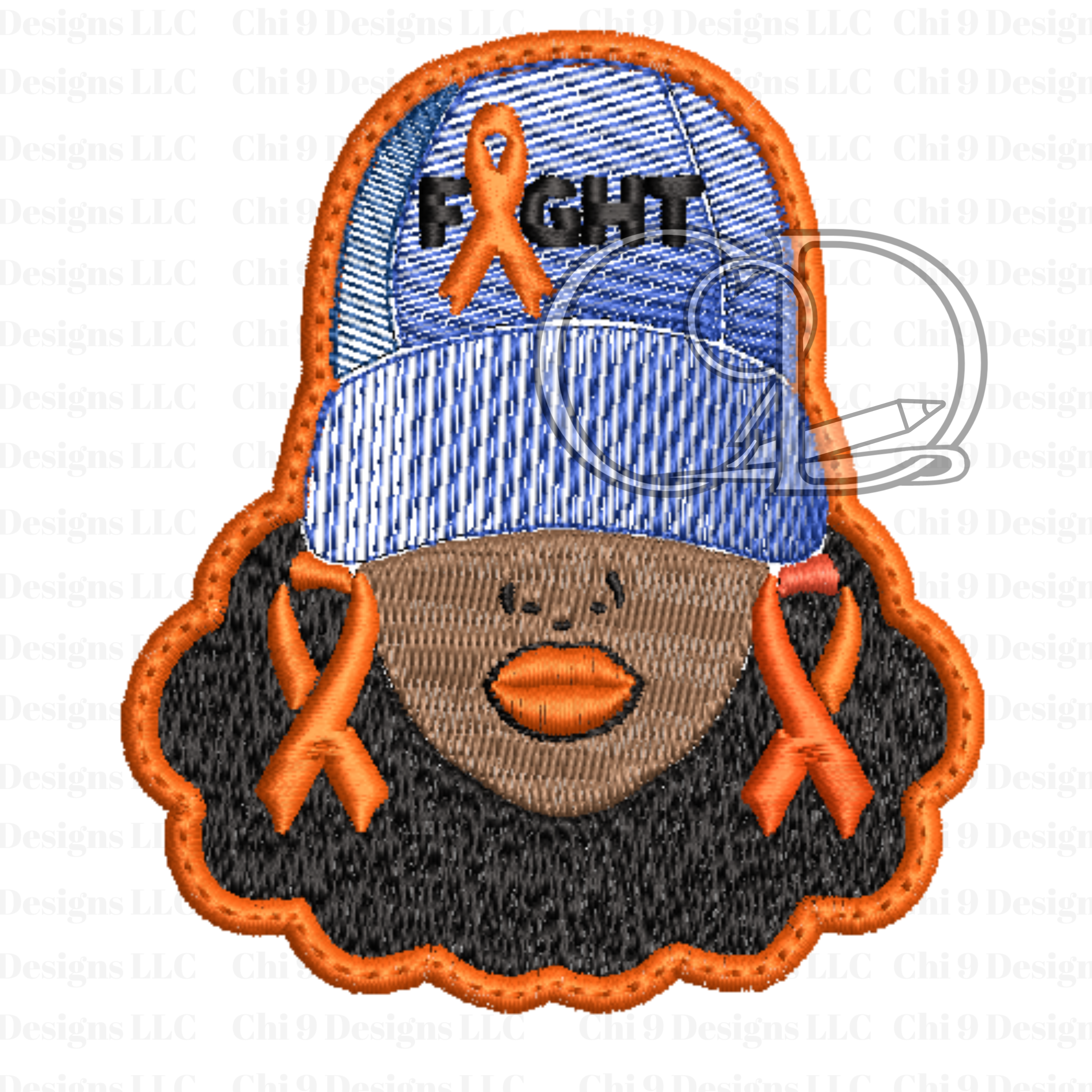 Patch with a face wearing a cap with 'Fight' text and orange ribbons on a white background