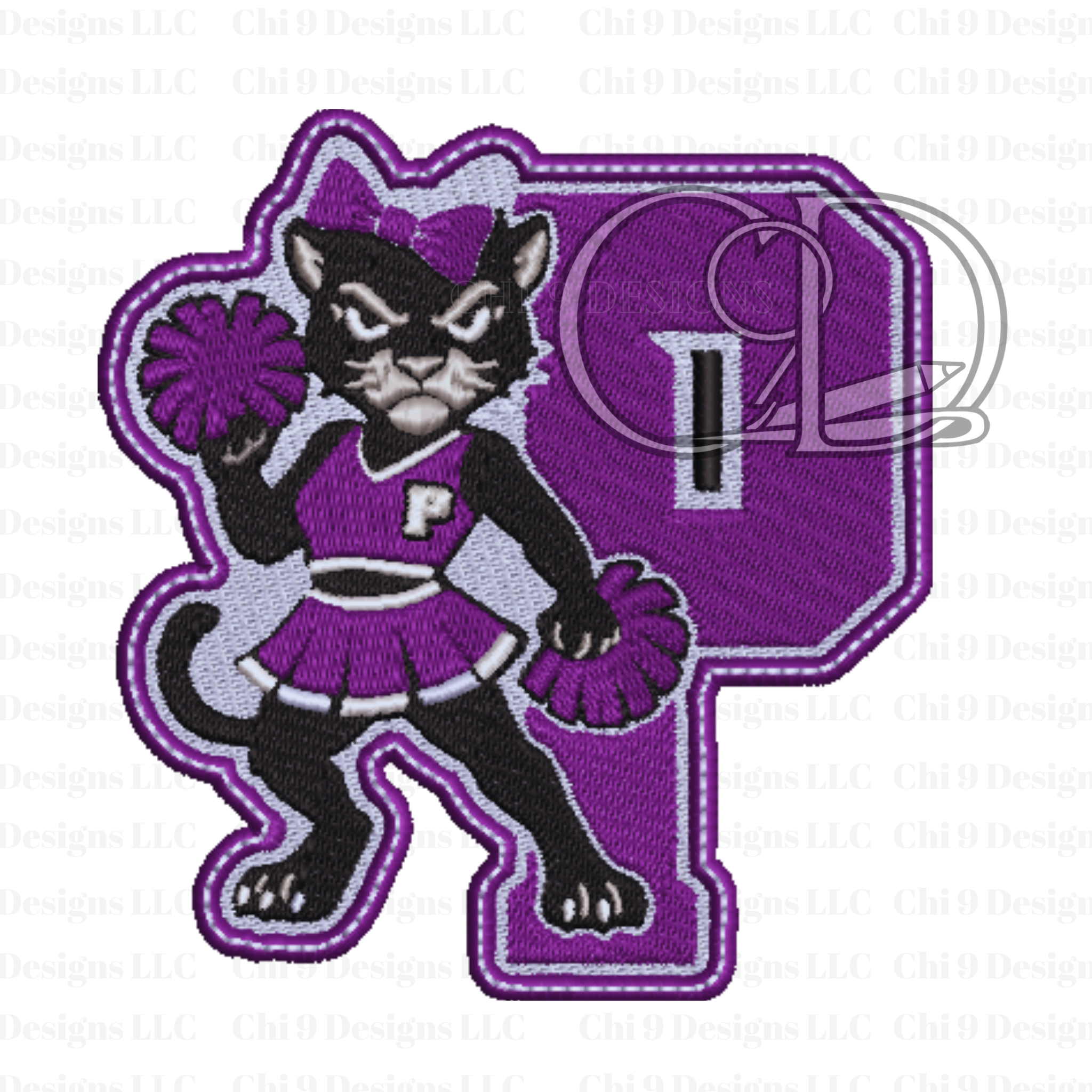 Panther mascot in a purple cheerleader outfit with pom-poms on a white background