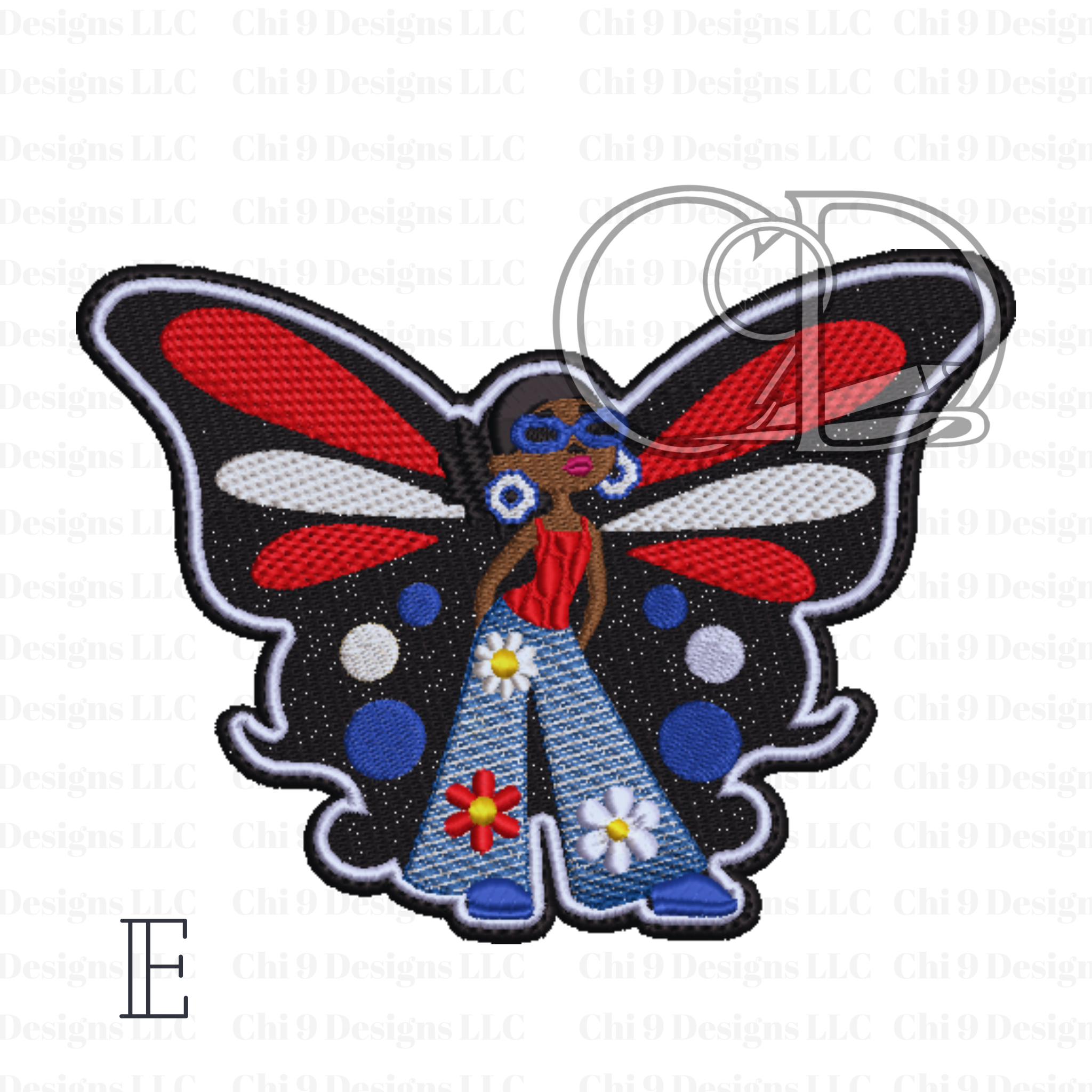 Embroidered butterfly girl patch featuring an Afrocentric woman with red, white, and blue wings, a red top, blue shoes, and floral jeans, representing empowerment and bold self-expression.