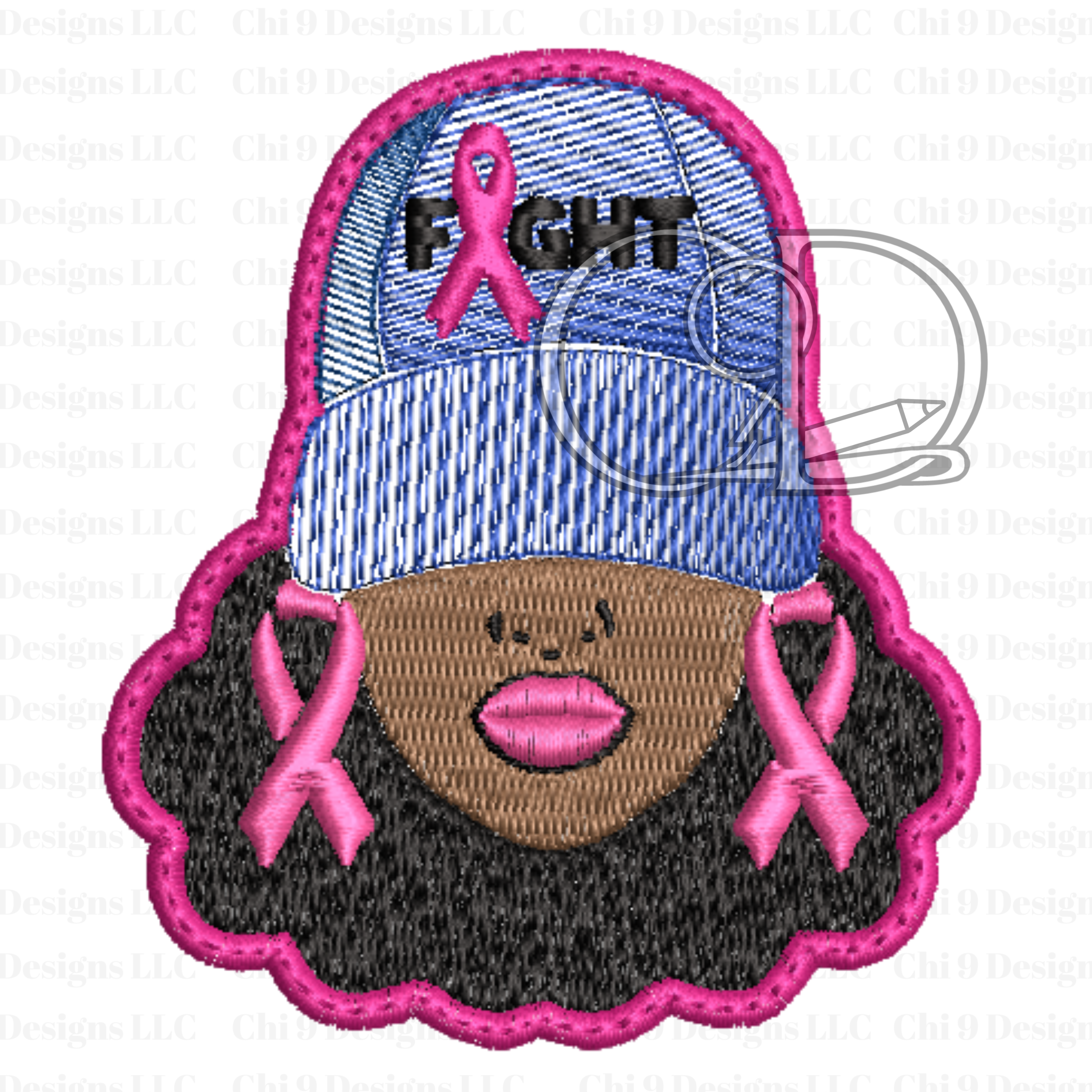 Embroidered patch with a face design, pink ribbons, and a cap with 'FIGHT' text on a white background.