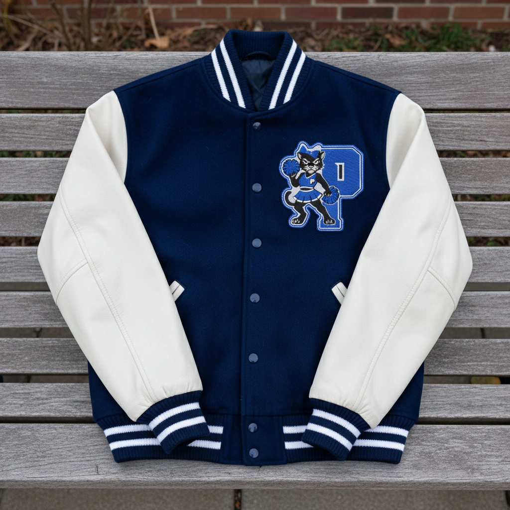 Embroidered patch of a panther mascot with a cheerleader outfit on a blue background with a large letter 'P' on a varsity jacket