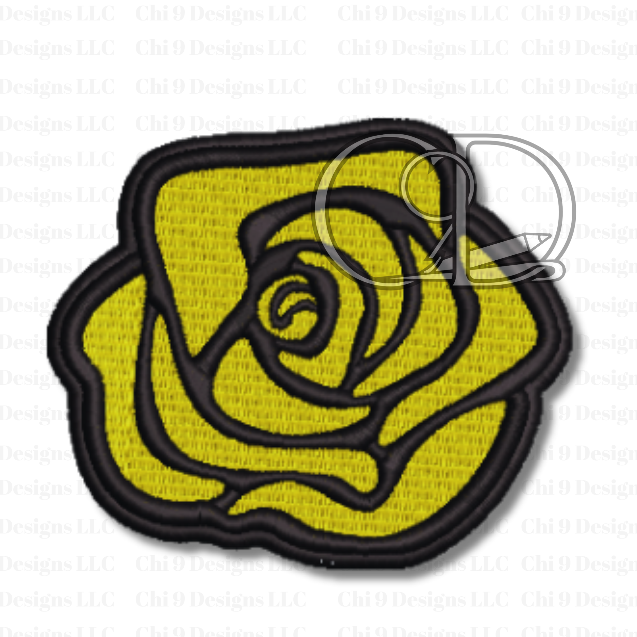 Yellow rose patch with black outline on a white background