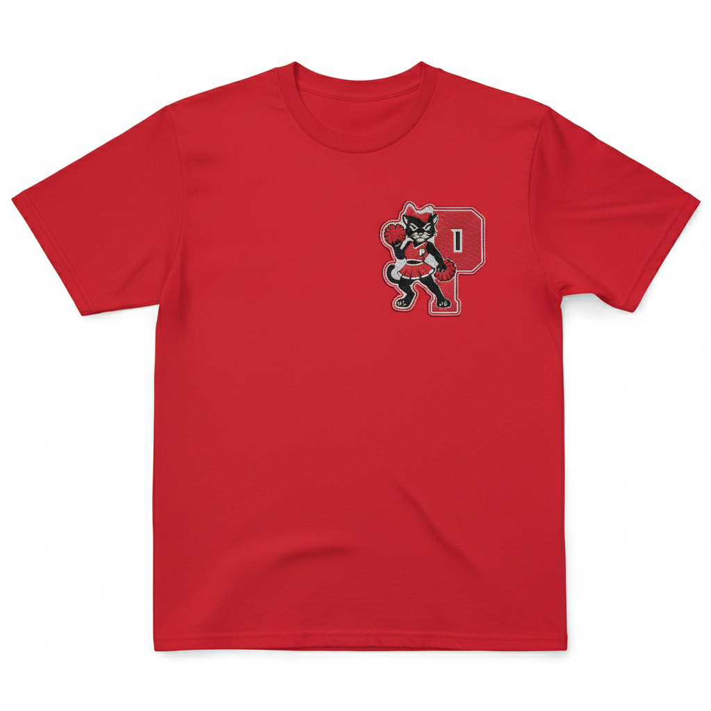 Embroidered patch of a black panther cheerleader with red pom-poms and a letter 'P' on a red shirt