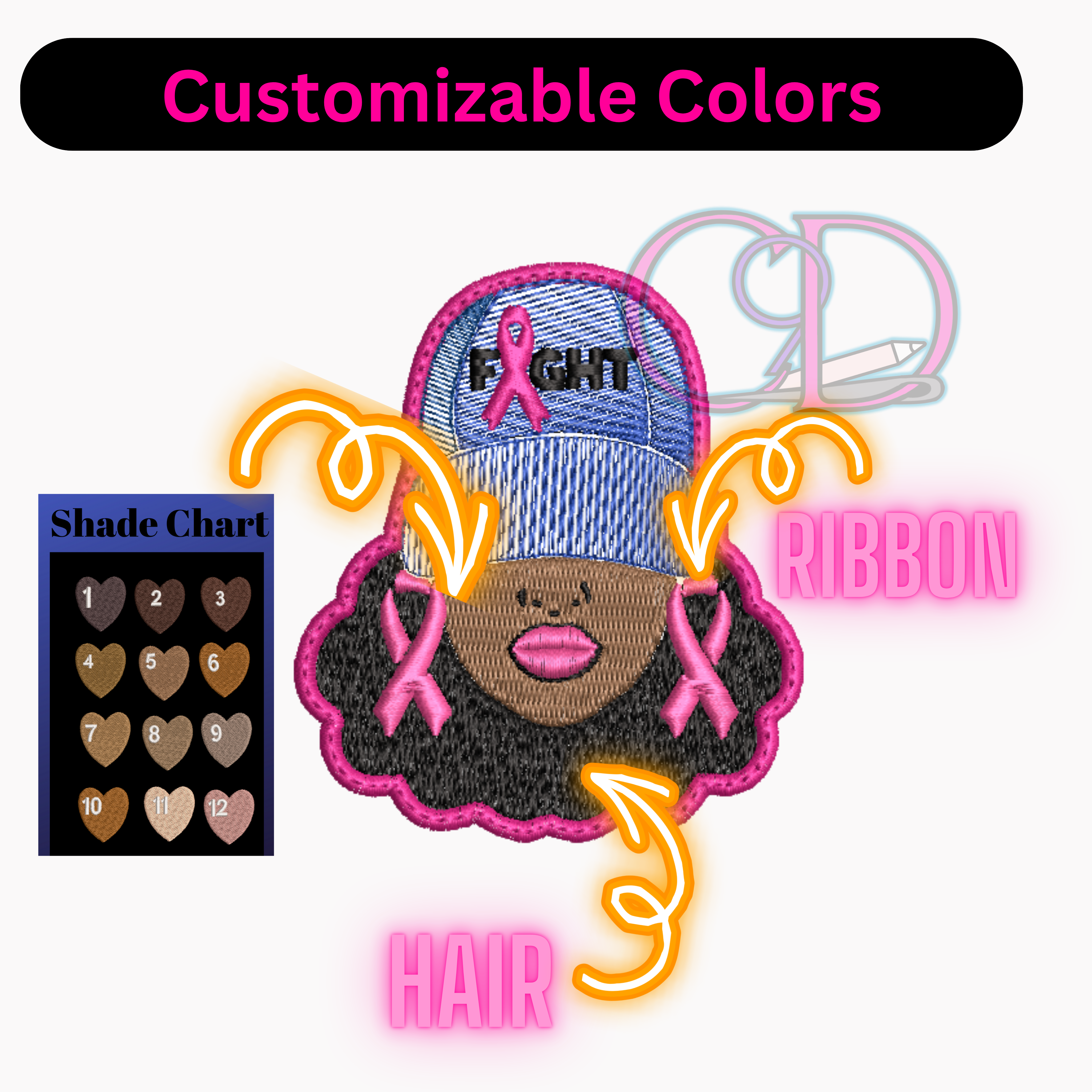 Customizable breast cancer awareness patch with customizable colors and a shade chart.