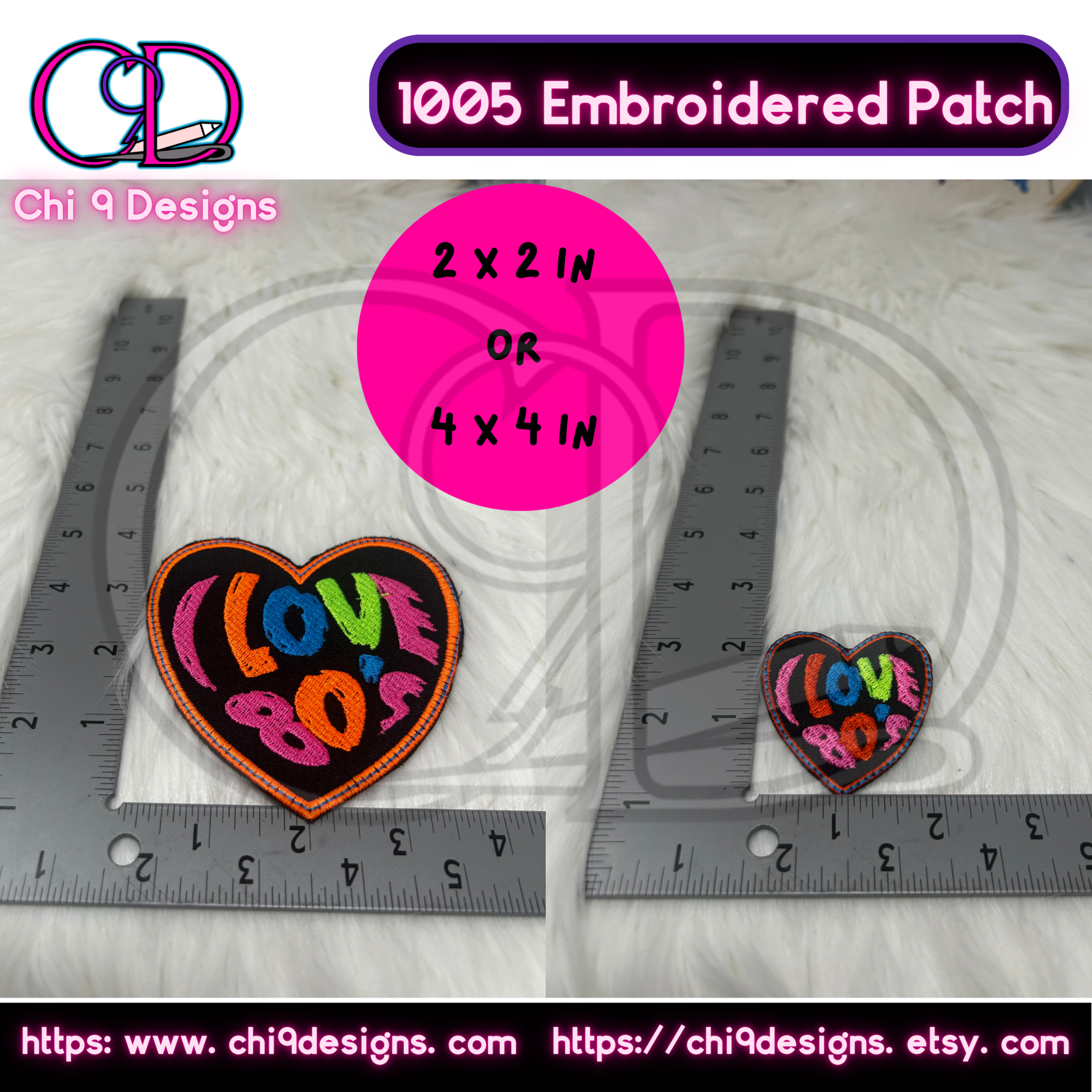 Two heart-shaped embroidered patches from Style No. 1005, showing size comparison of 2x2 inches and 4x4 inches with 'I Love 80s' text, placed next to rulers for reference