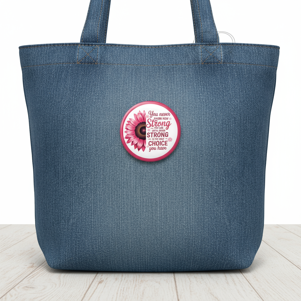 Pinback button with pink sunflower and motivational quote on a white background