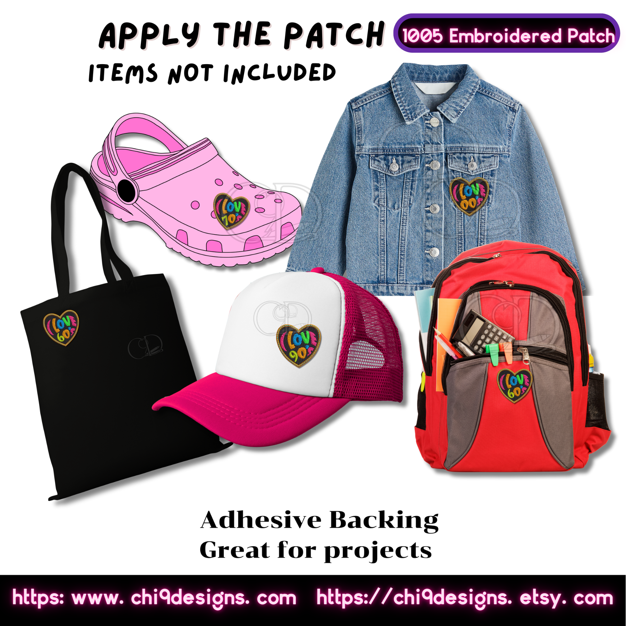 Mockup of Style No. 1005 embroidered heart patches applied to various items including a tote bag, hat, jacket, shoe, and backpack, showcasing their versatility