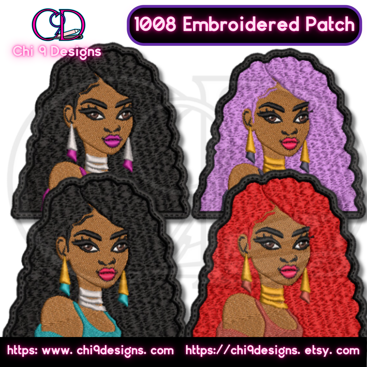 Customizable Fierce Diva embroidered patches, Style No. 1008, featuring four distinct designs with different hair colors—jet black, lavender purple, fiery red, and deep brown—each with detailed embroidery of expressive eyes, full lips, and statement jewelry.