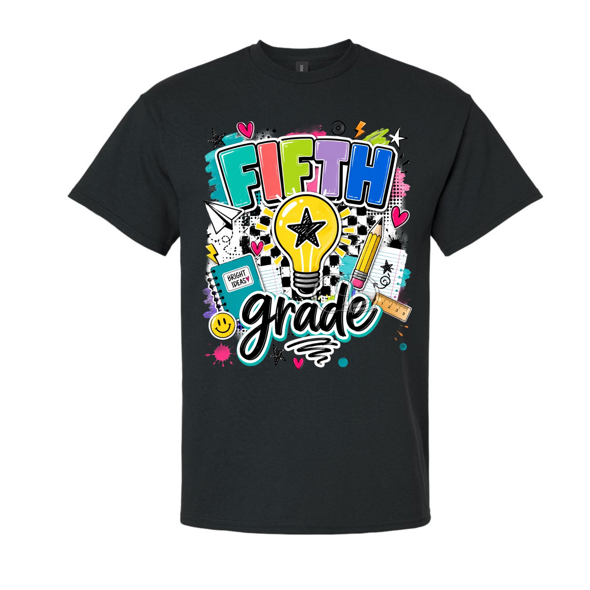 A black short-sleeve crewneck t-shirt featuring a colorful 'FIFTH grade' graphic on the front, displayed against a solid white background.