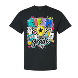 A black short-sleeve crewneck t-shirt featuring a colorful 'FIFTH grade' graphic on the front, displayed against a solid white background.