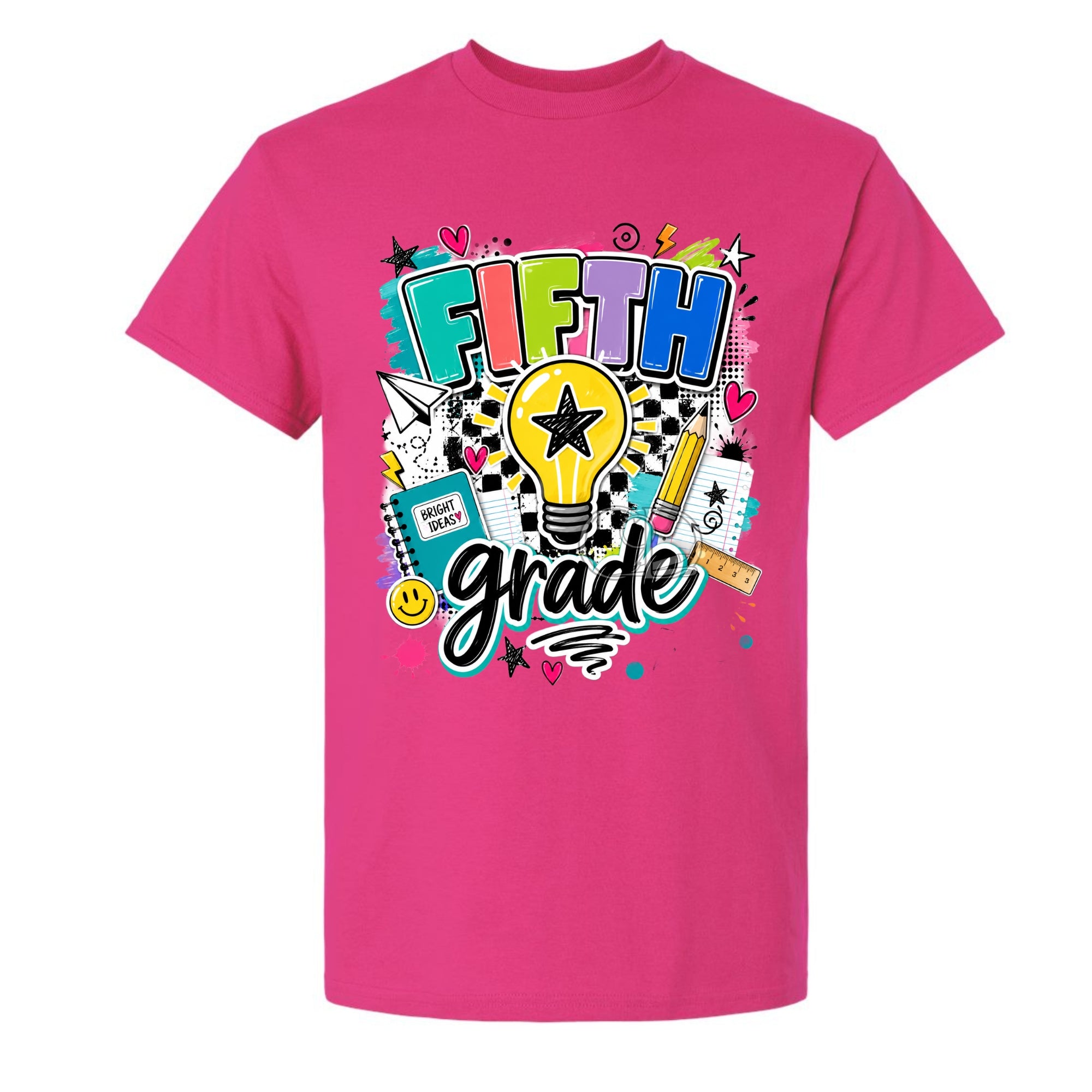 A bright pink short-sleeve t-shirt with a colorful 'Fifth Grade' graphic on the front, featuring a lightbulb, stars, pencils, and school supplies, shown against a plain white background.