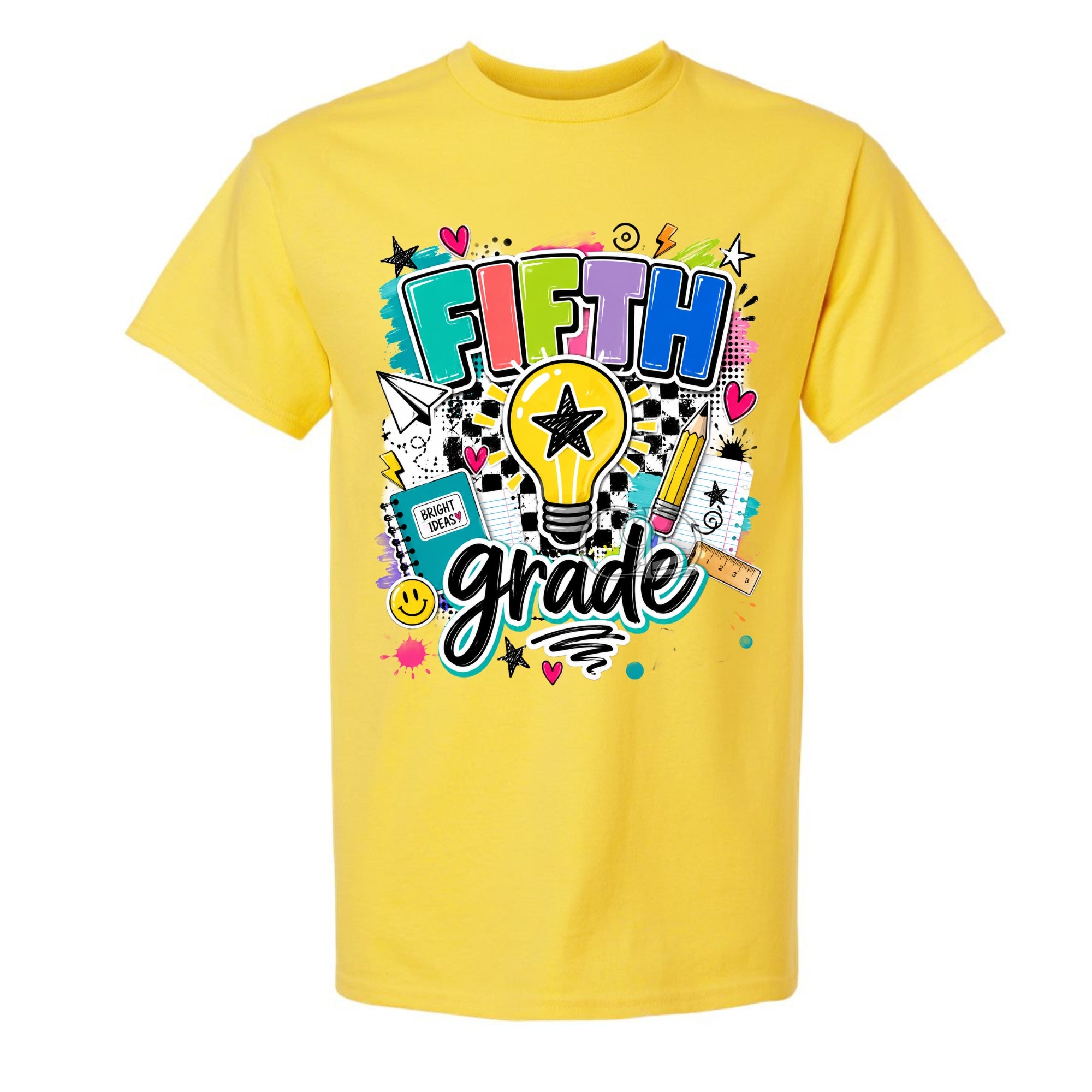 A bright yellow short-sleeve t-shirt with a colorful 'Fifth Grade' graphic on the front, featuring school-themed doodles, a lightbulb, and stars, shown against a plain white background.