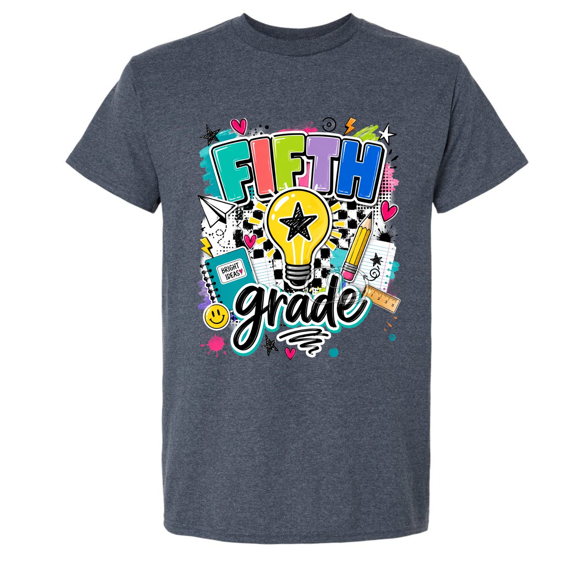 A dark heather gray t-shirt featuring a colorful graphic design on the front with the words 'FIFTH grade' in stylized letters, surrounded by school-themed doodles like a lightbulb, pencil, notebook, and heart.
