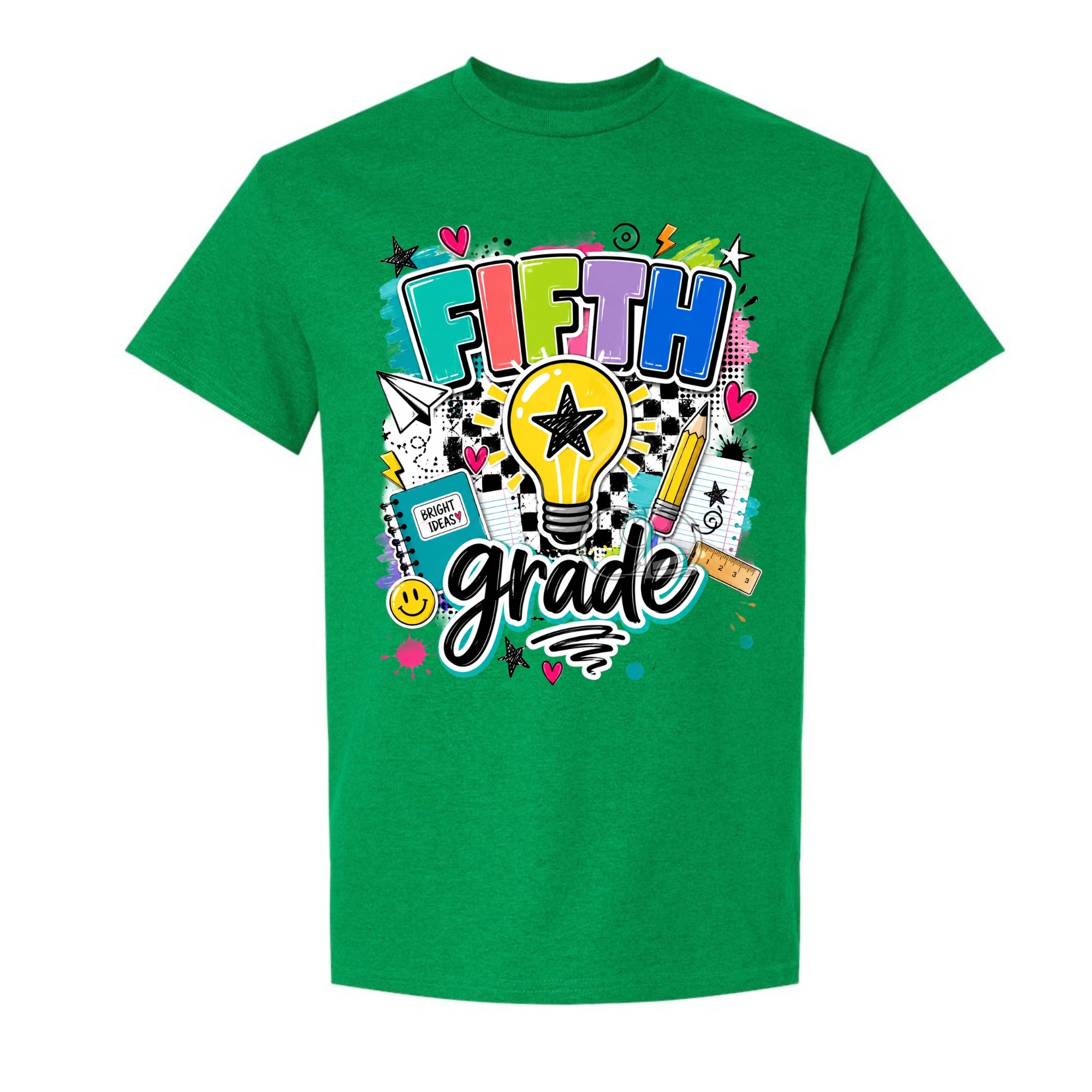 A green short-sleeve crewneck t-shirt featuring a colorful 'FIFTH grade' graphic on the front, complete with a lightbulb, stars, hearts, and school-themed doodles, shown against a plain white background.