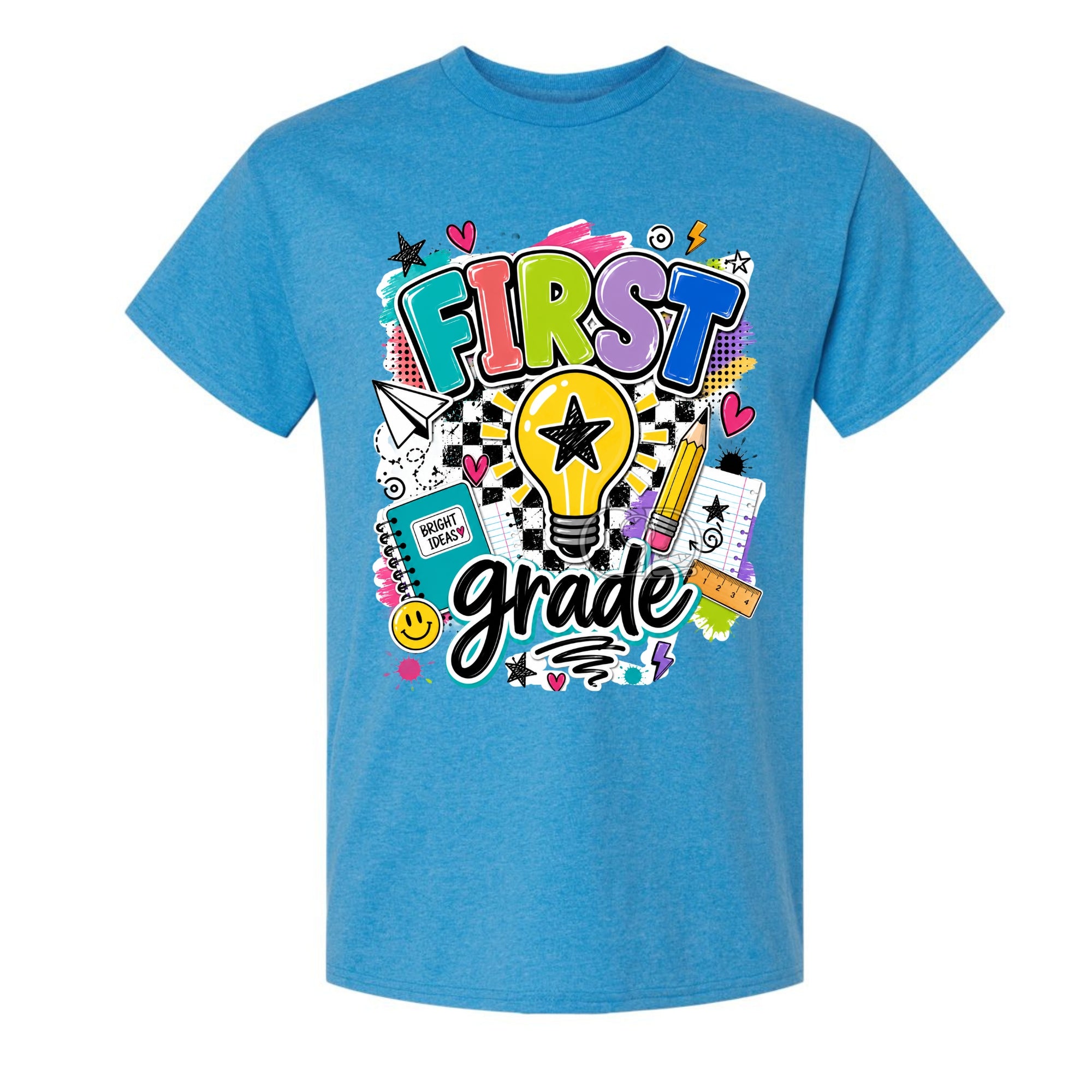 A heather blue short-sleeve t-shirt with a colorful 'FIRST grade' graphic on the front, featuring a lightbulb, pencil, notebook, and stars.