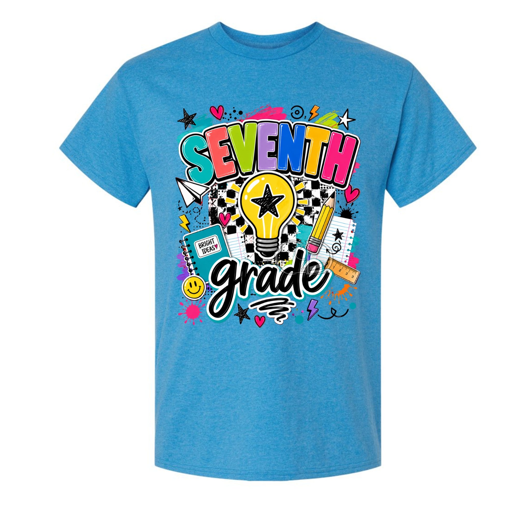 A heather blue short-sleeve t-shirt with a colorful 'SEVENTH grade' graphic on the front, featuring school-themed doodles like a lightbulb, pencil, notebook, and stars.