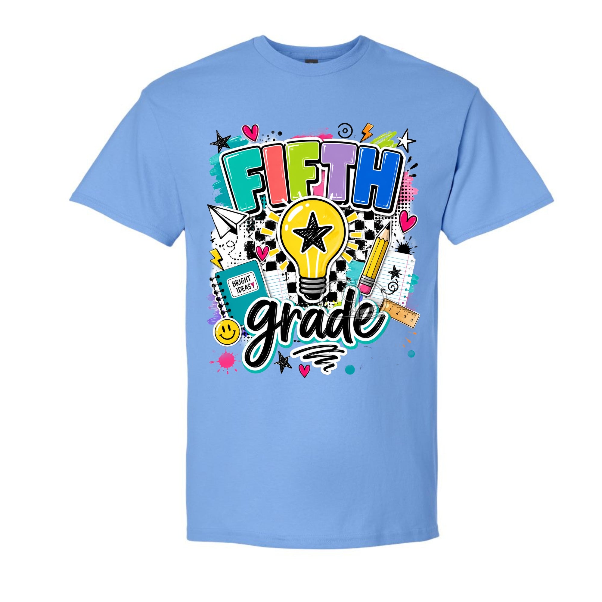 A light blue short-sleeve crewneck t-shirt featuring a colorful 'FIFTH grade' graphic on the front, complete with a lightbulb, stars, hearts, and school supplies.
