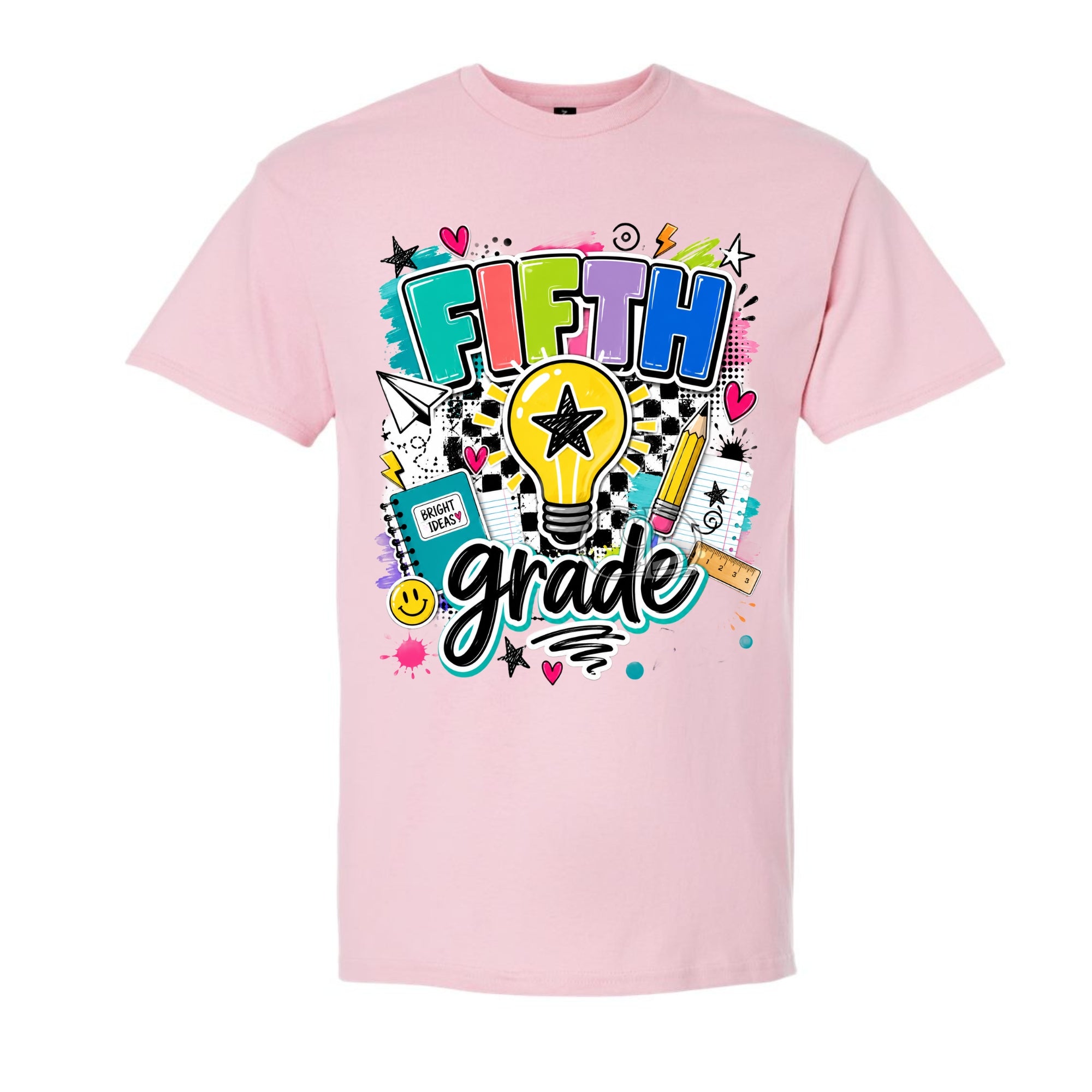 A light pink short-sleeve crewneck t-shirt featuring a colorful 'FIFTH grade' graphic on the front, complete with a lightbulb, stars, hearts, and school supplies.