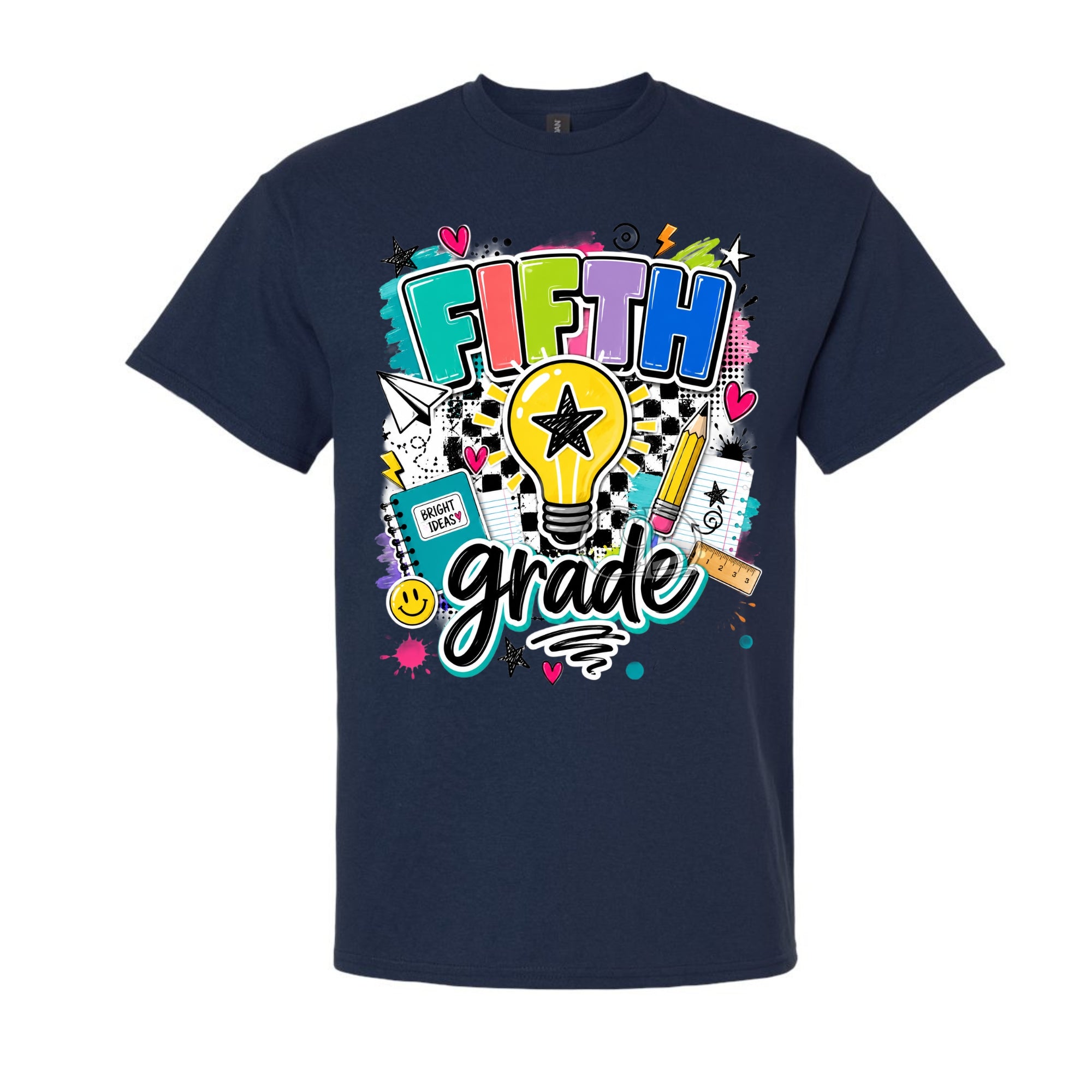 A navy blue short-sleeve t-shirt with a colorful 'FIFTH grade' graphic on the front, featuring school-themed doodles like a lightbulb, pencil, and heart, displayed on a solid white background.