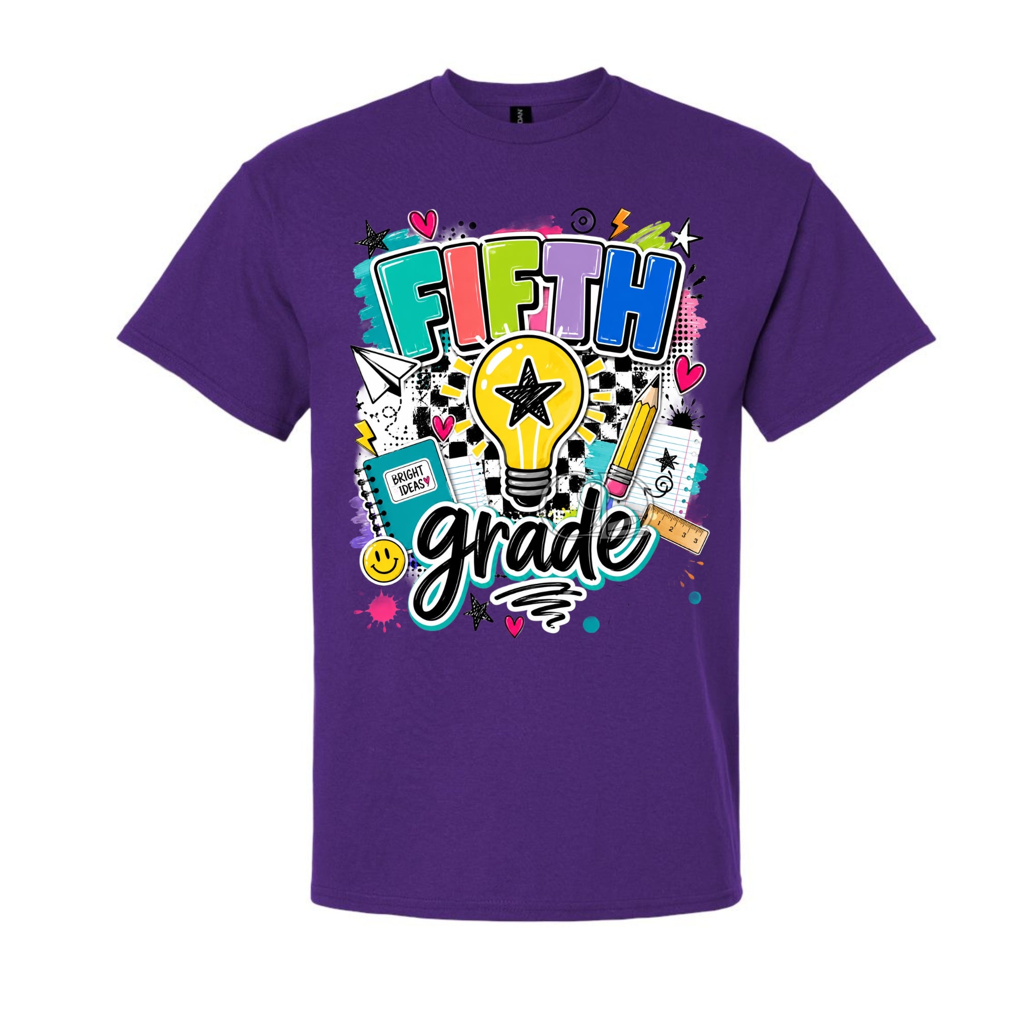 A purple short-sleeve crewneck t-shirt featuring a colorful 'FIFTH grade' graphic on the front, displayed against a solid white background.