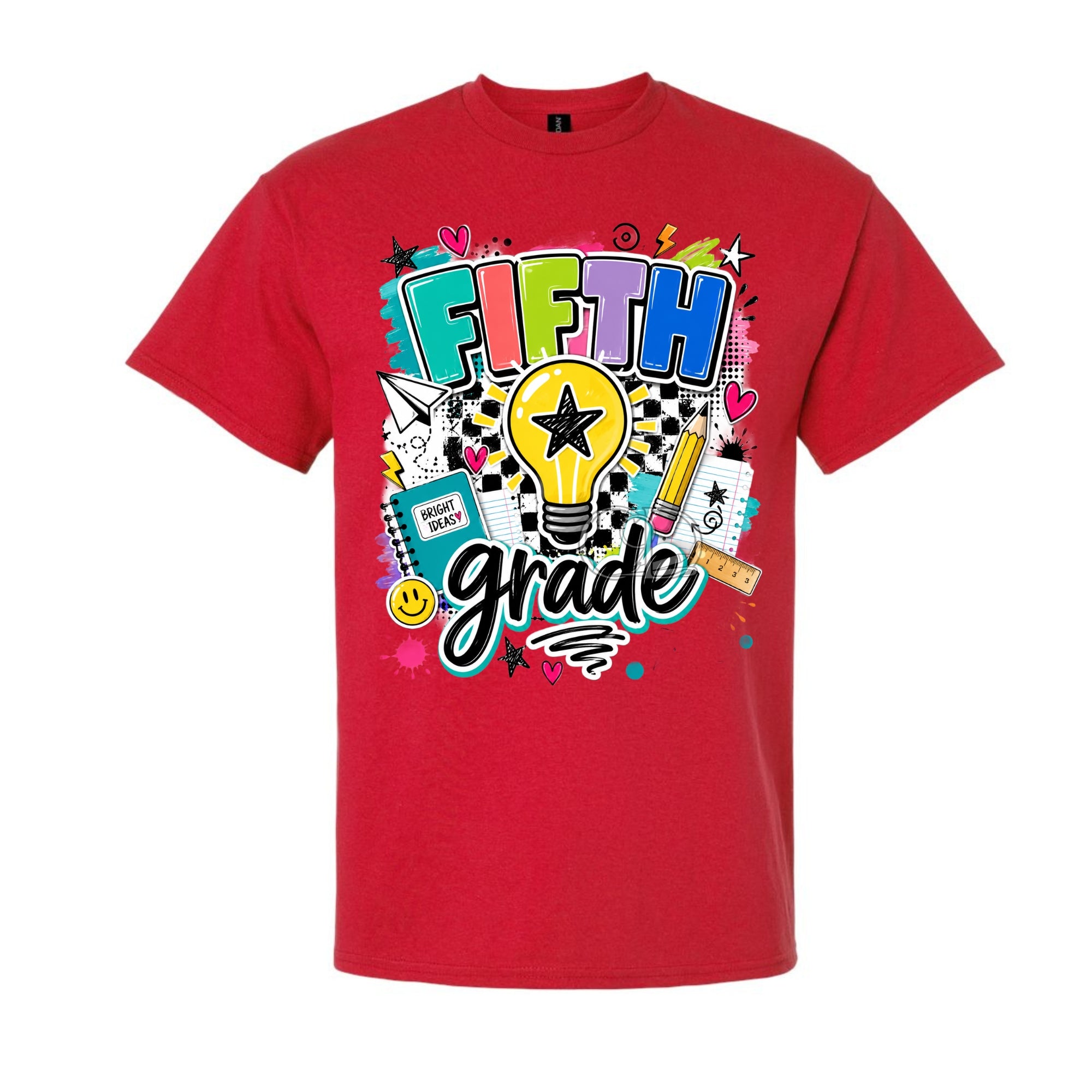 A red short-sleeve crewneck t-shirt featuring a colorful graphic on the front that reads 'FIFTH grade' with school-themed doodles including a lightbulb, pencil, notebook, and stars.